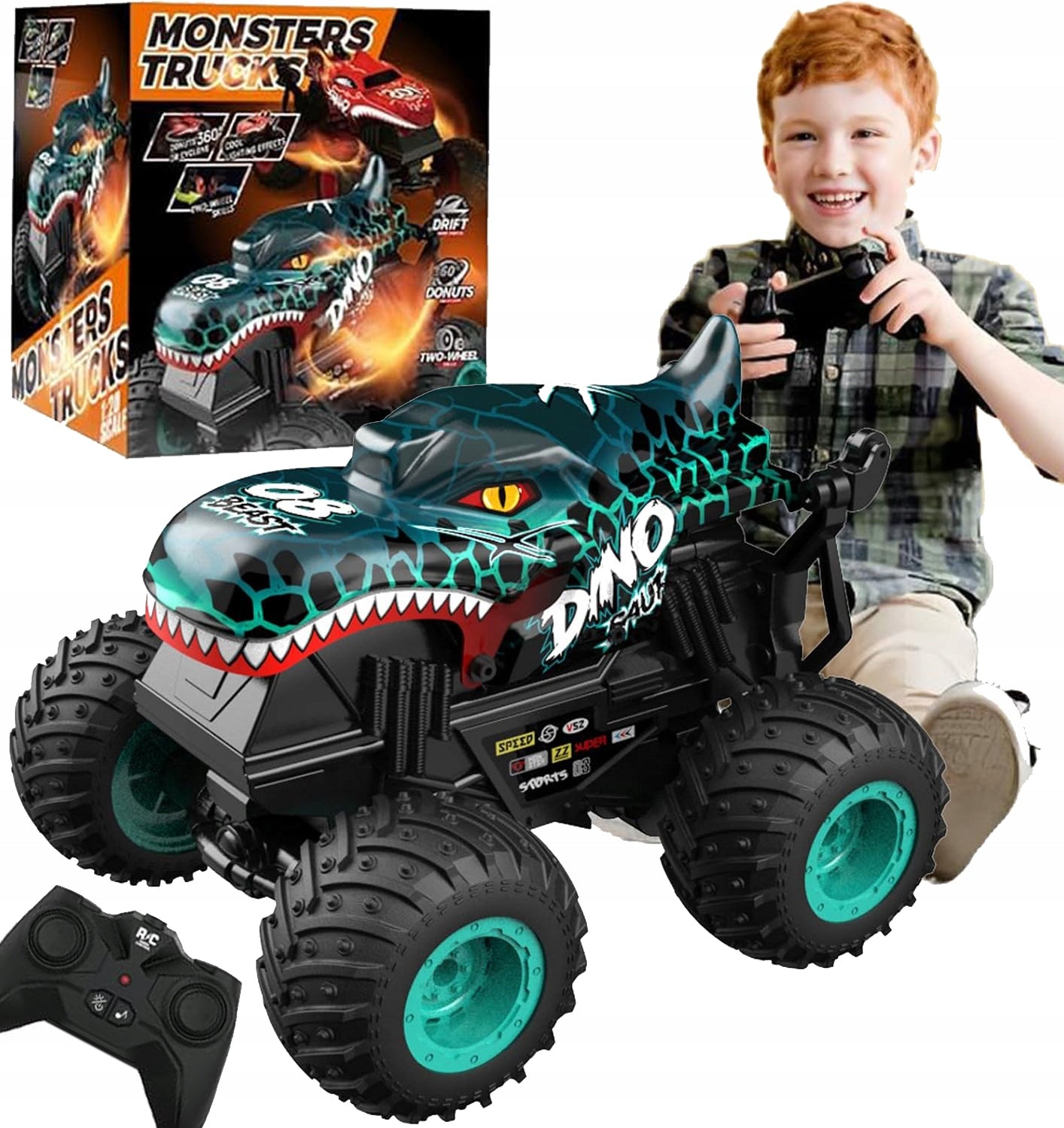 LARGE CAR Monster Truck REMOTE CONTROLLED Dinosaurs 4x4 LED