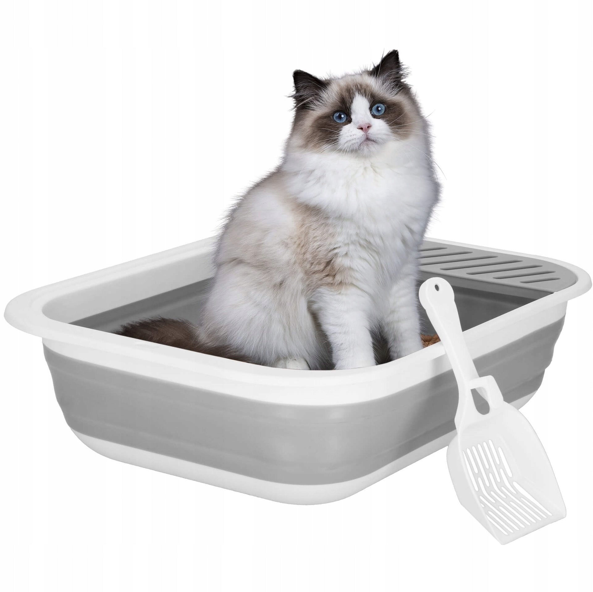LARGE CAT LITTER BOX WITH FRAME 45x34cm FOLDING OPEN FOR LITTER XL + SHOVEL Packaging status original