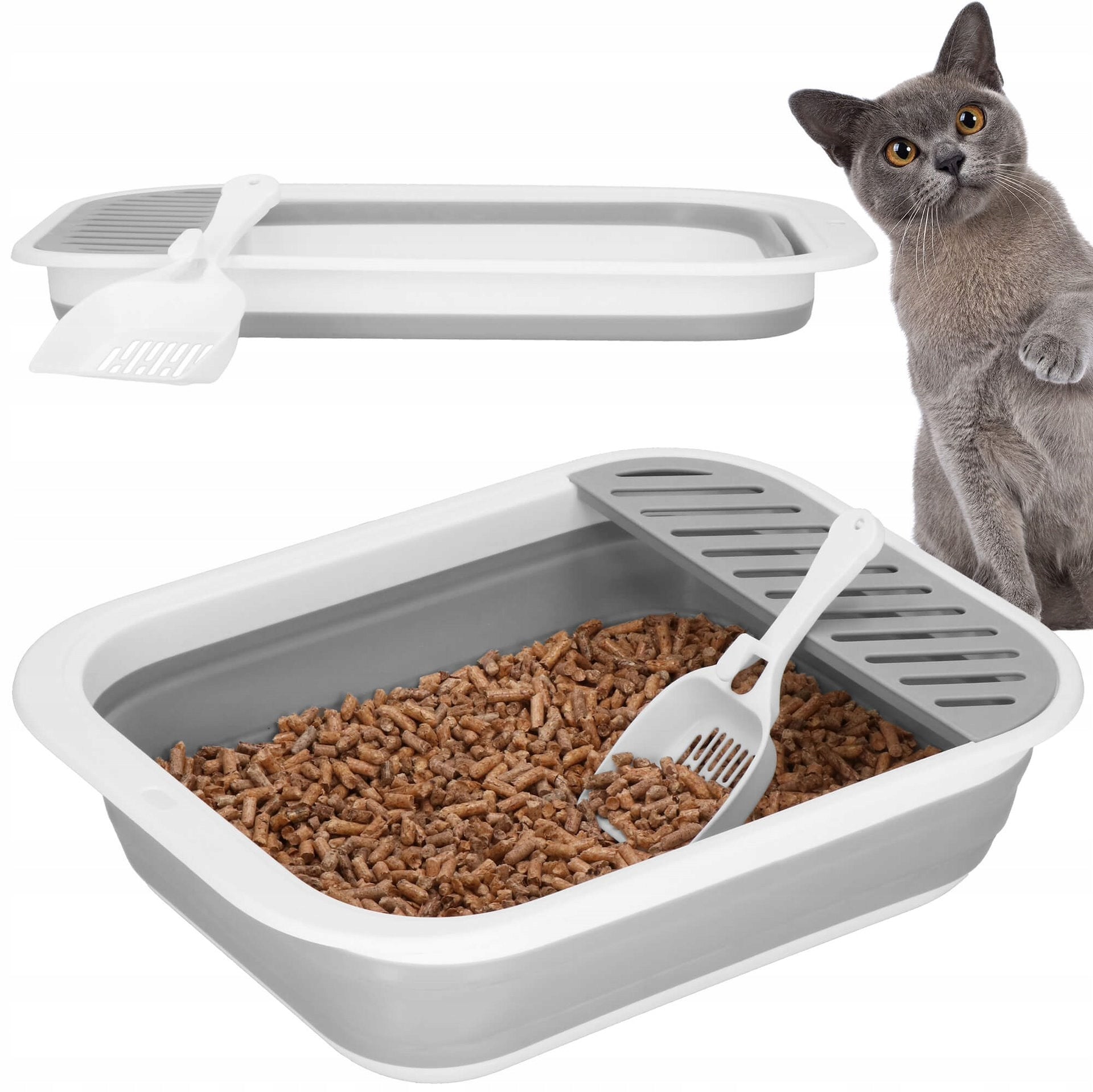 LARGE CAT LITTER BOX WITH FRAME 45x34cm FOLDING OPEN FOR LITTER XL + SHOVEL