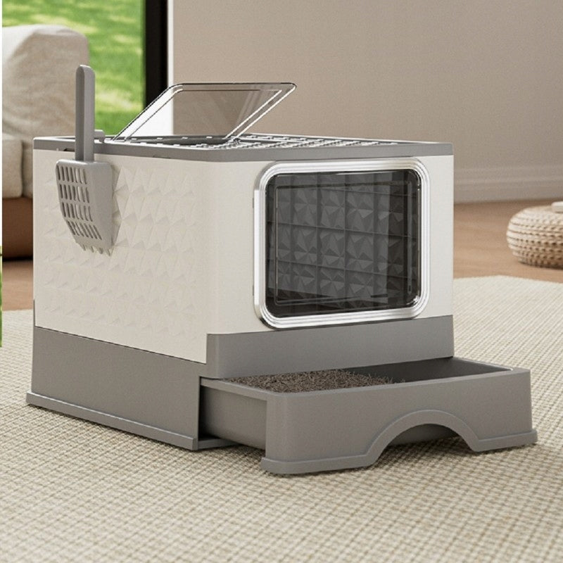 LARGE CAT LITTER BOX WITH SPATULA DRAWER CLOSED FOLDING Length 51 cm