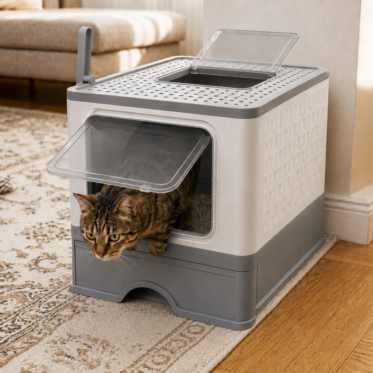 LARGE CAT LITTER BOX WITH SPATULA DRAWER CLOSED FOLDING Manufacturer code kuweta dla kota szara