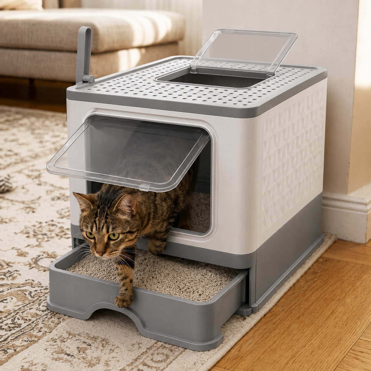 LARGE CAT LITTER BOX WITH SPATULA DRAWER CLOSED FOLDING Model 1
