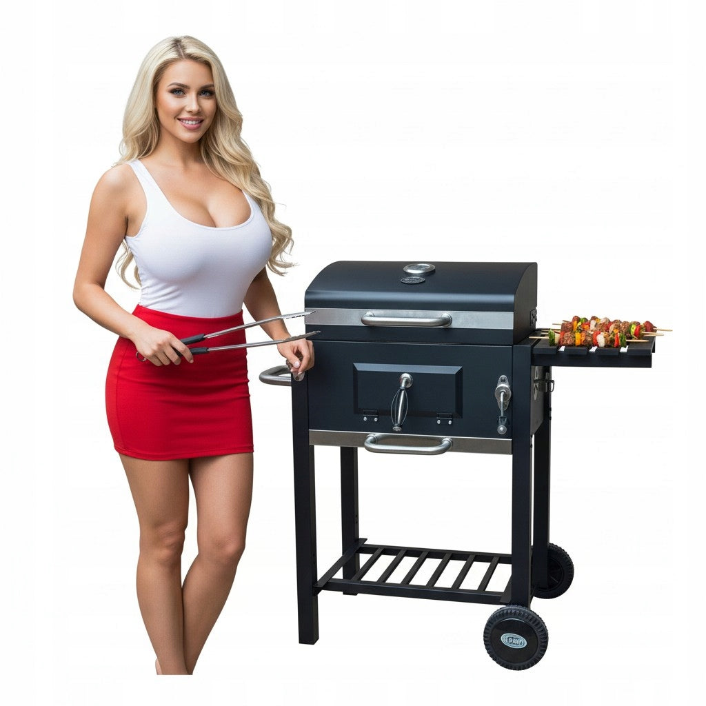 LARGE CHARCOAL GRILL GRATE CAST IRON THERMOMETER ASHTRAY ANGULAR PORTABLE