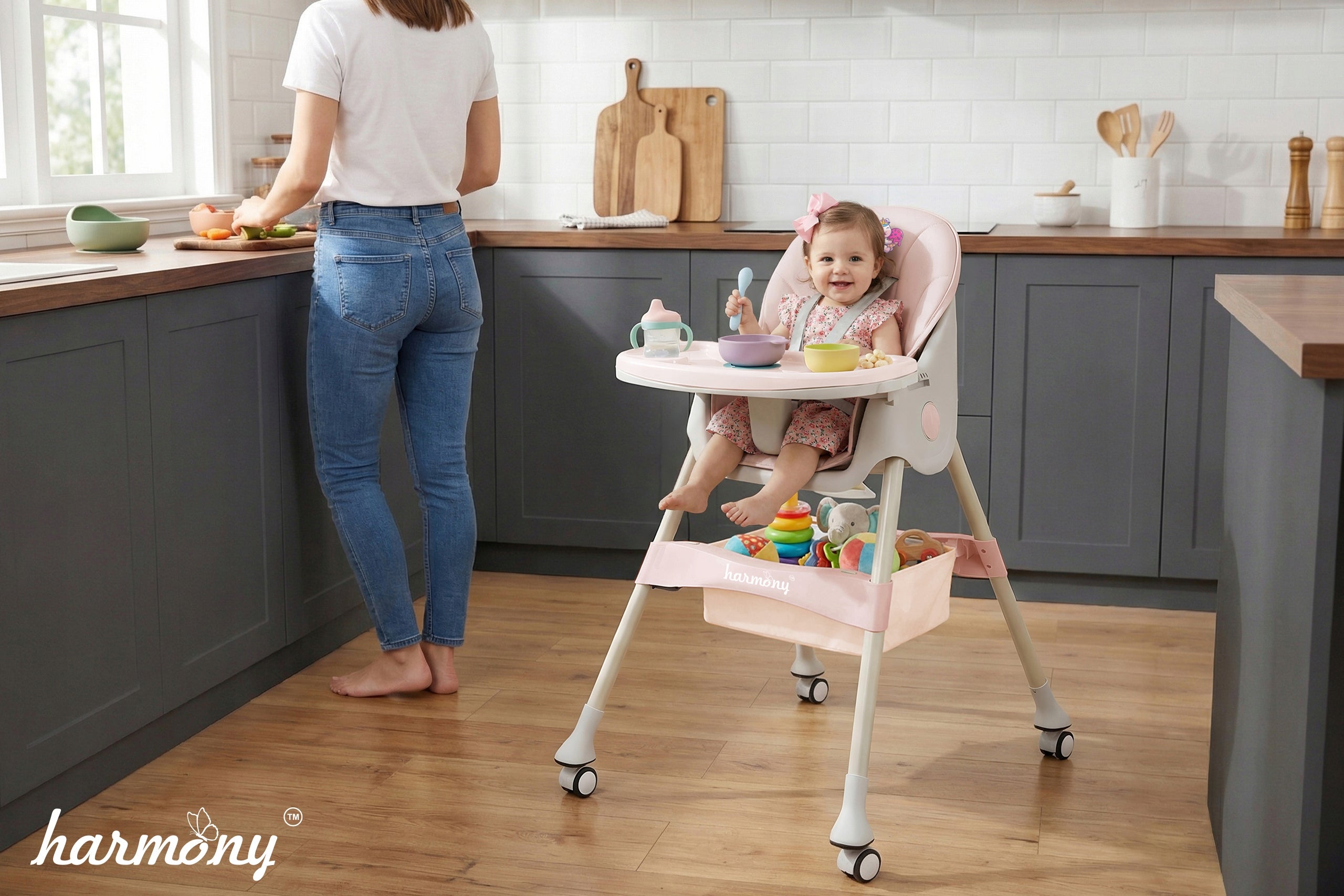LARGE CHILDREN'S HIGH CHAIR CINNAMON 4IN1 PINK Kid's age 6+ months