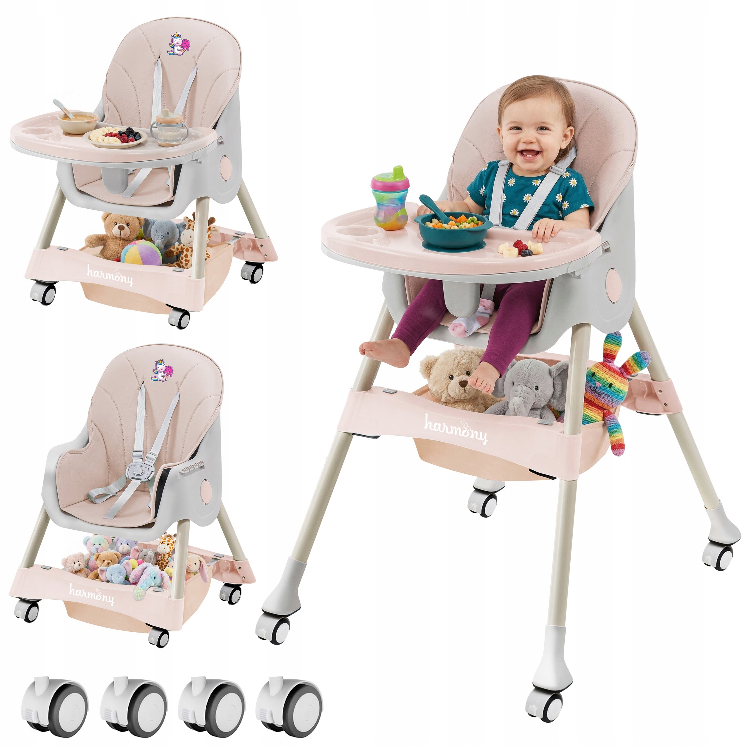 LARGE CHILDREN'S HIGH CHAIR CINNAMON 4IN1 PINK