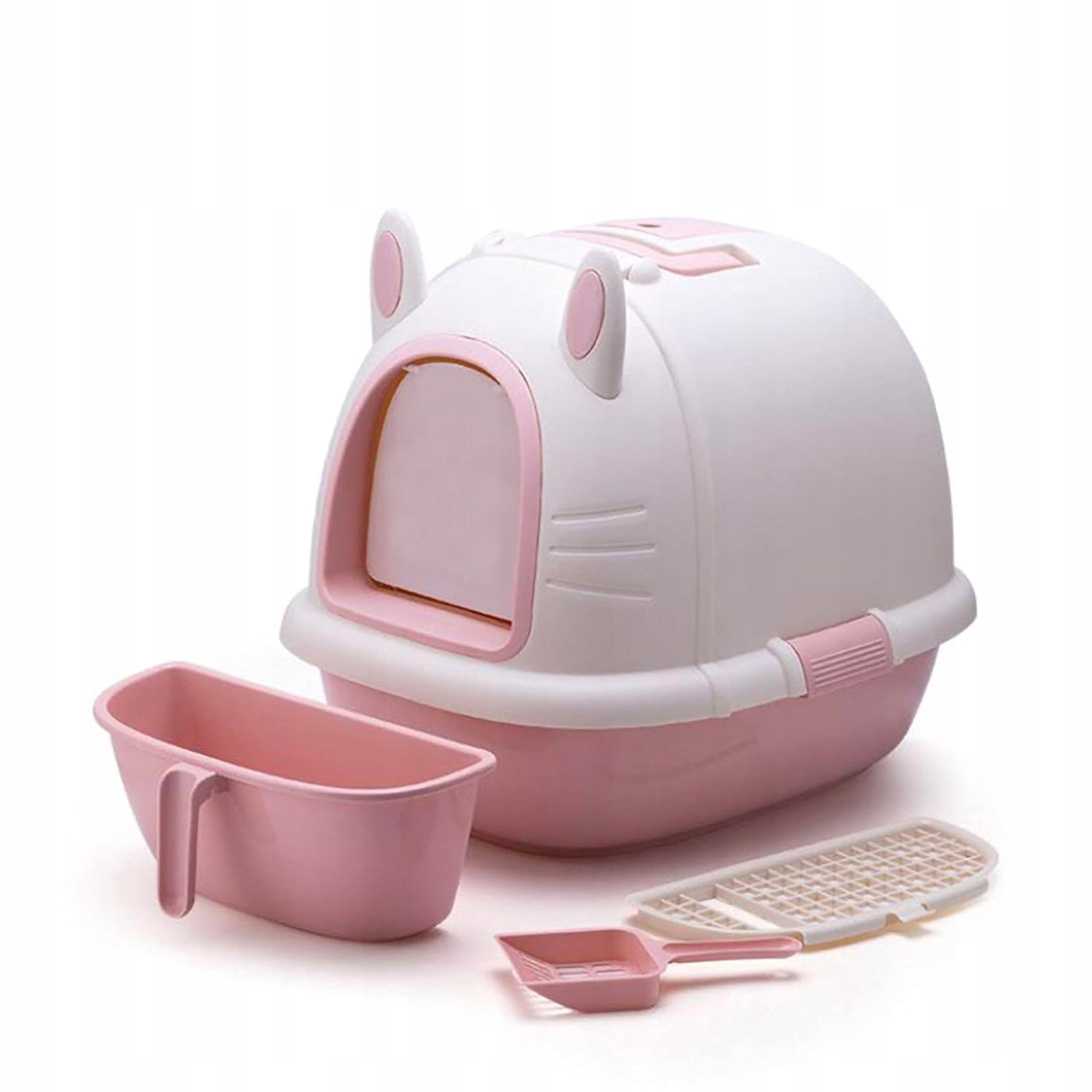 LARGE CLOSED LITTER BOX XXL FOR CAT LITTER WITH SPATULA Trade name Zamknięta różowa kuweta dla kota XXL z pojemnikiem na żwirek i łopatką