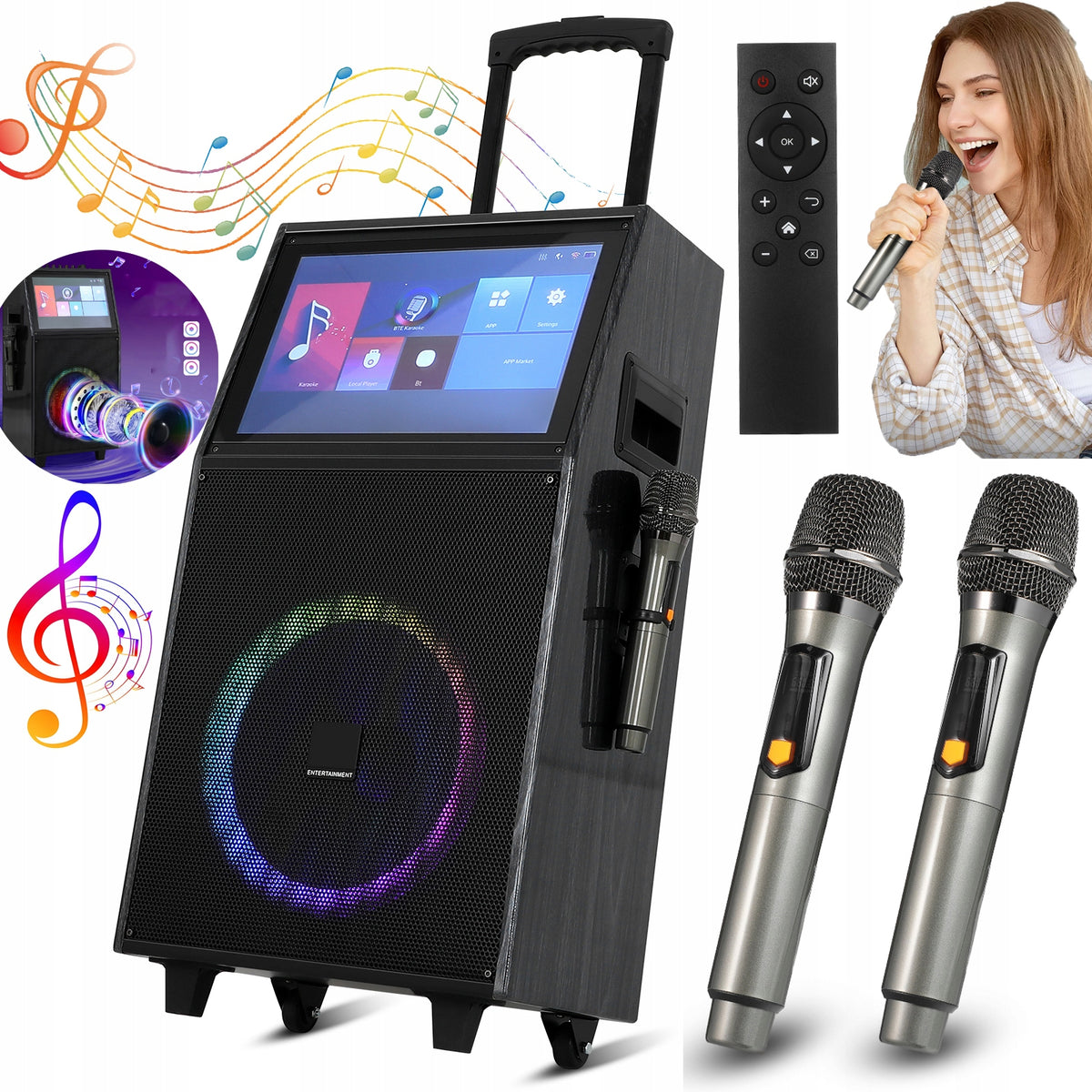 LARGE COLUMN PORTABLE SPEAKER KARAOKE BLUETOOTH USB MICROPHONE