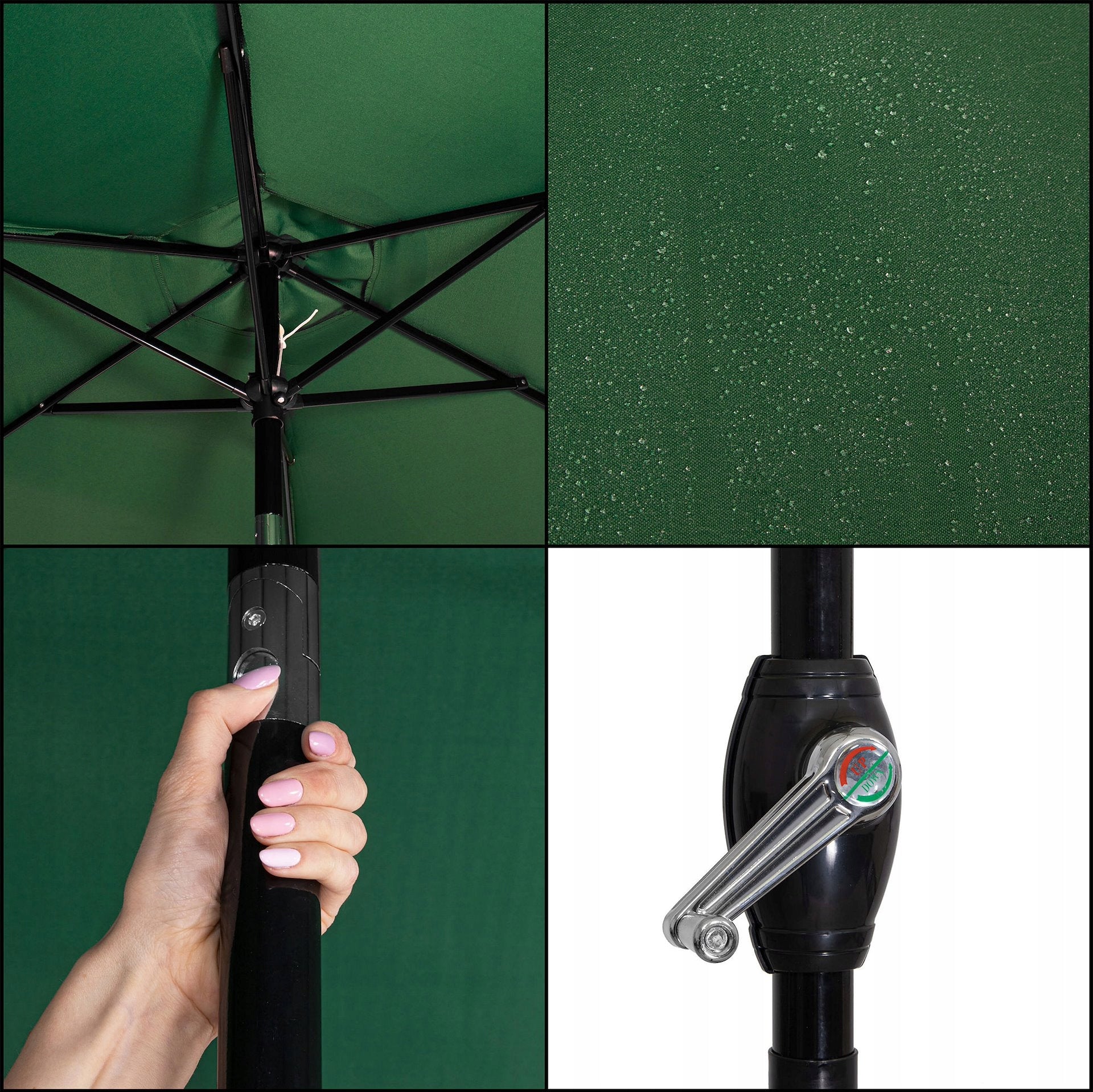 LARGE FOLDABLE GARDEN UMBRELLA, GREEN, BROKEN, STRONG, 260 cm, WITH A CRANK, SOLID Color green
