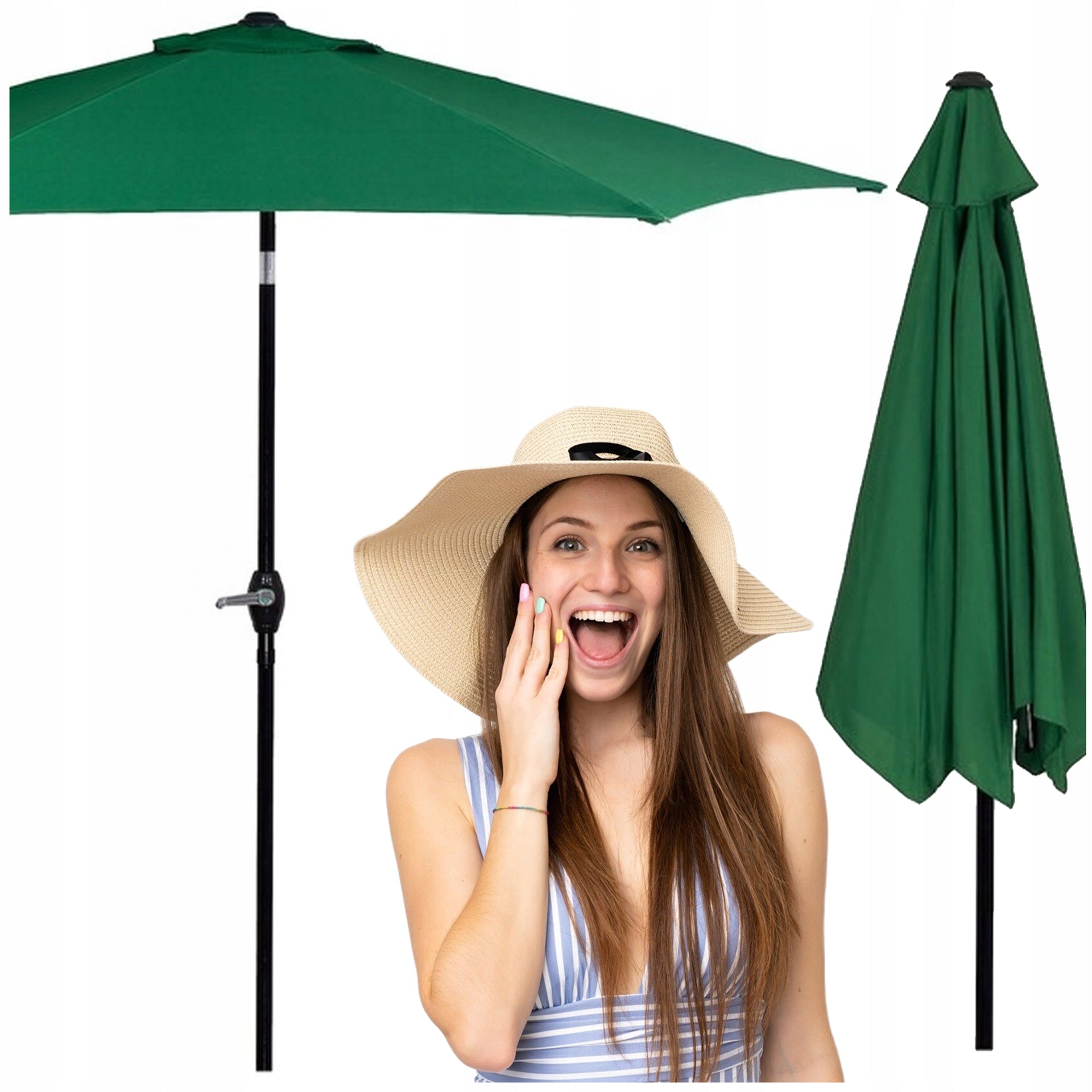 LARGE FOLDABLE GARDEN UMBRELLA, GREEN, BROKEN, STRONG, 260 cm, WITH A CRANK, SOLID