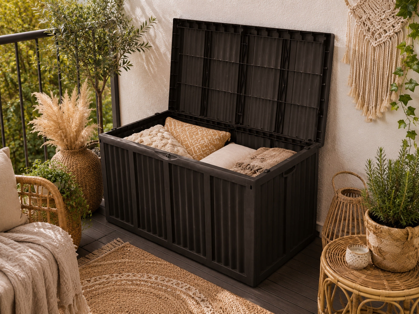 LARGE GARDEN CHEST CONTAINER FOR BALCONY TERRACE TRUNK STORAGE 432L MOCHA Furniture depth 60 cm