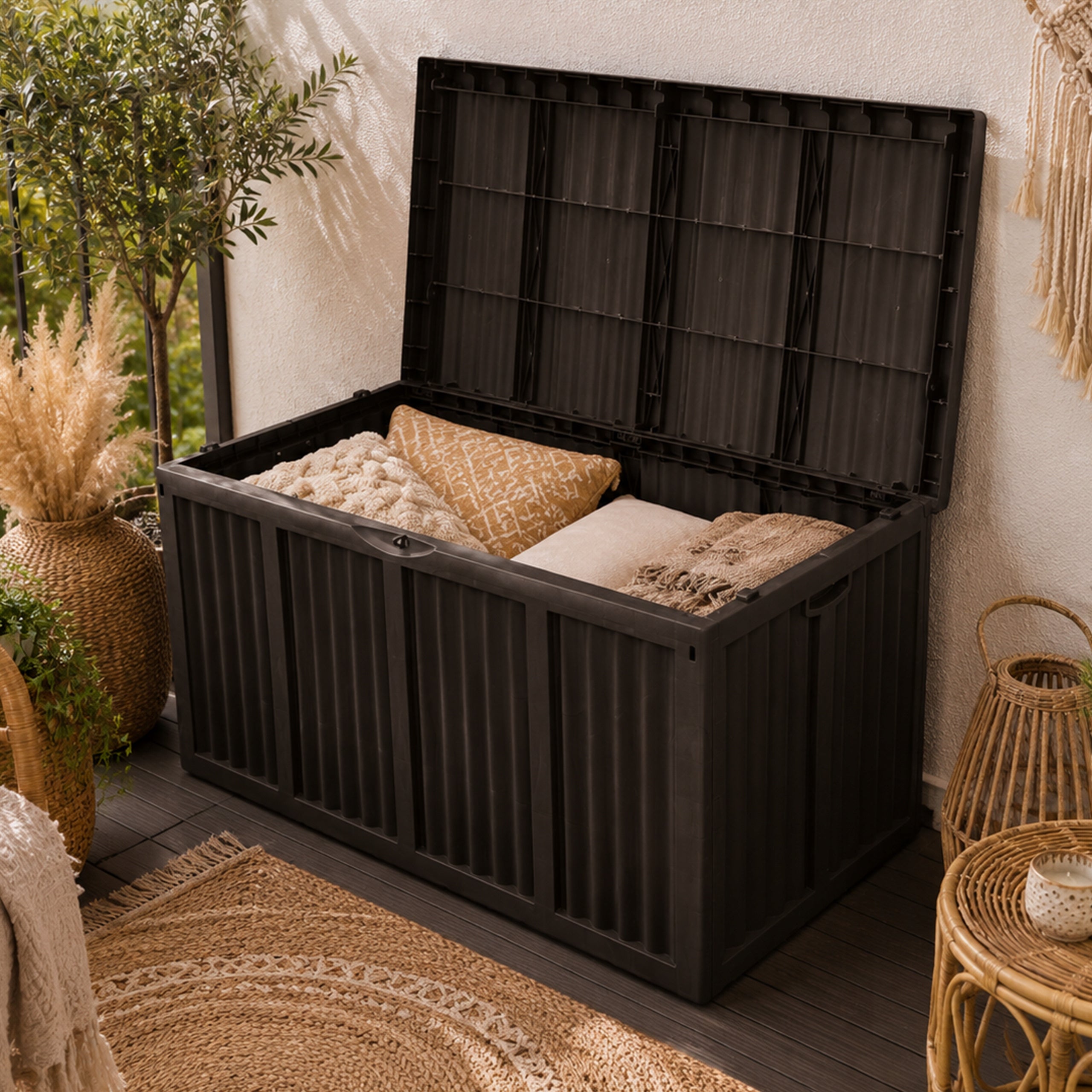 LARGE GARDEN CHEST CONTAINER FOR BALCONY TERRACE TRUNK STORAGE 432L MOCHA Furniture width 120 cm