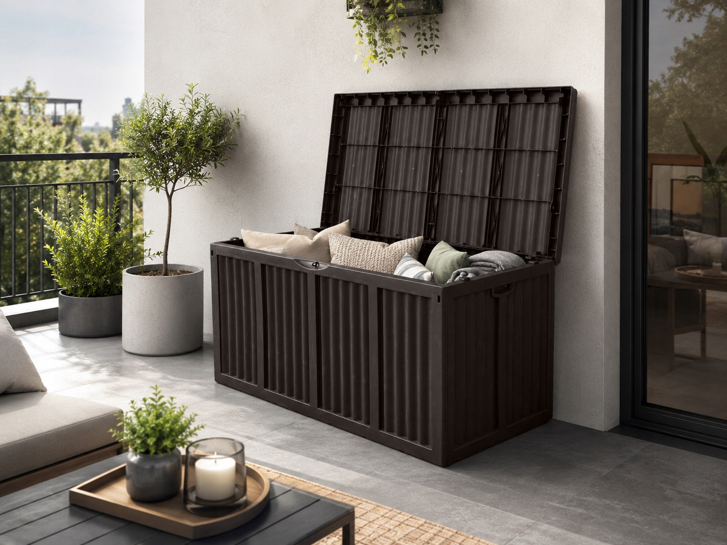 LARGE GARDEN CHEST CONTAINER FOR BALCONY TERRACE TRUNK STORAGE 432L MOCHA Packaging status original