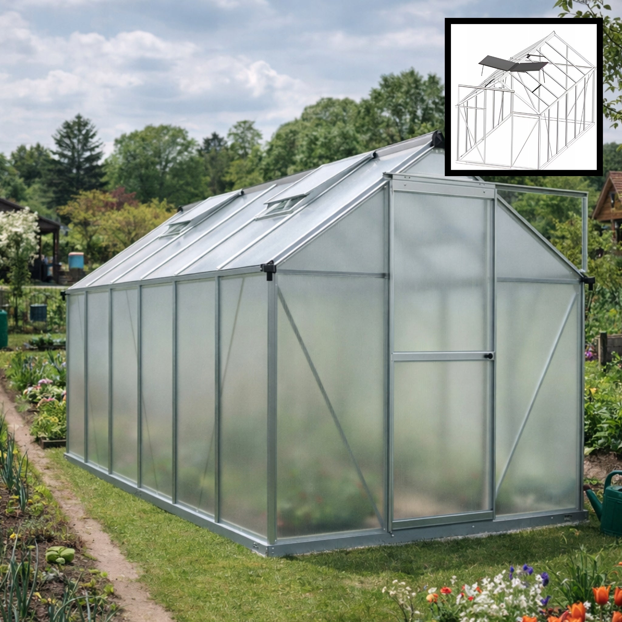 LARGE GARDEN GREENHOUSE 4X2 POLYCARBONATE COTTAGE TUNNEL 361X183CM 6,25M2 WINDOWS EAN (GTIN) 5905842543911