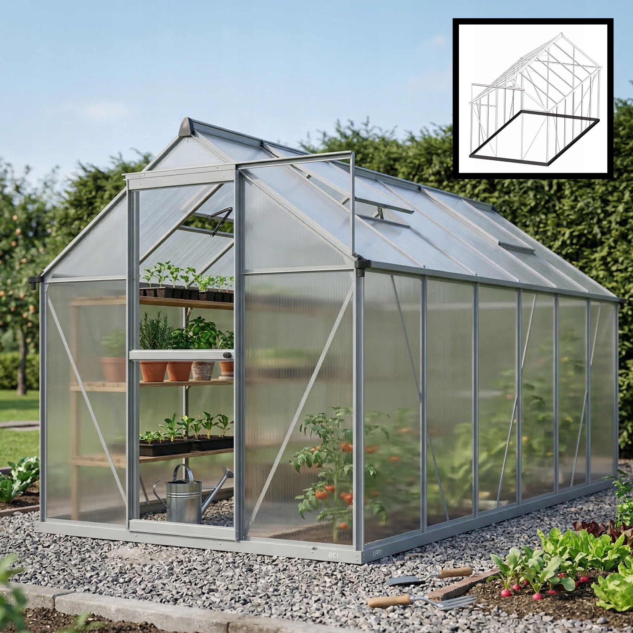LARGE GARDEN GREENHOUSE 4X2 POLYCARBONATE COTTAGE TUNNEL 361X183CM 6,25M2 WINDOWS Length 3.61 m