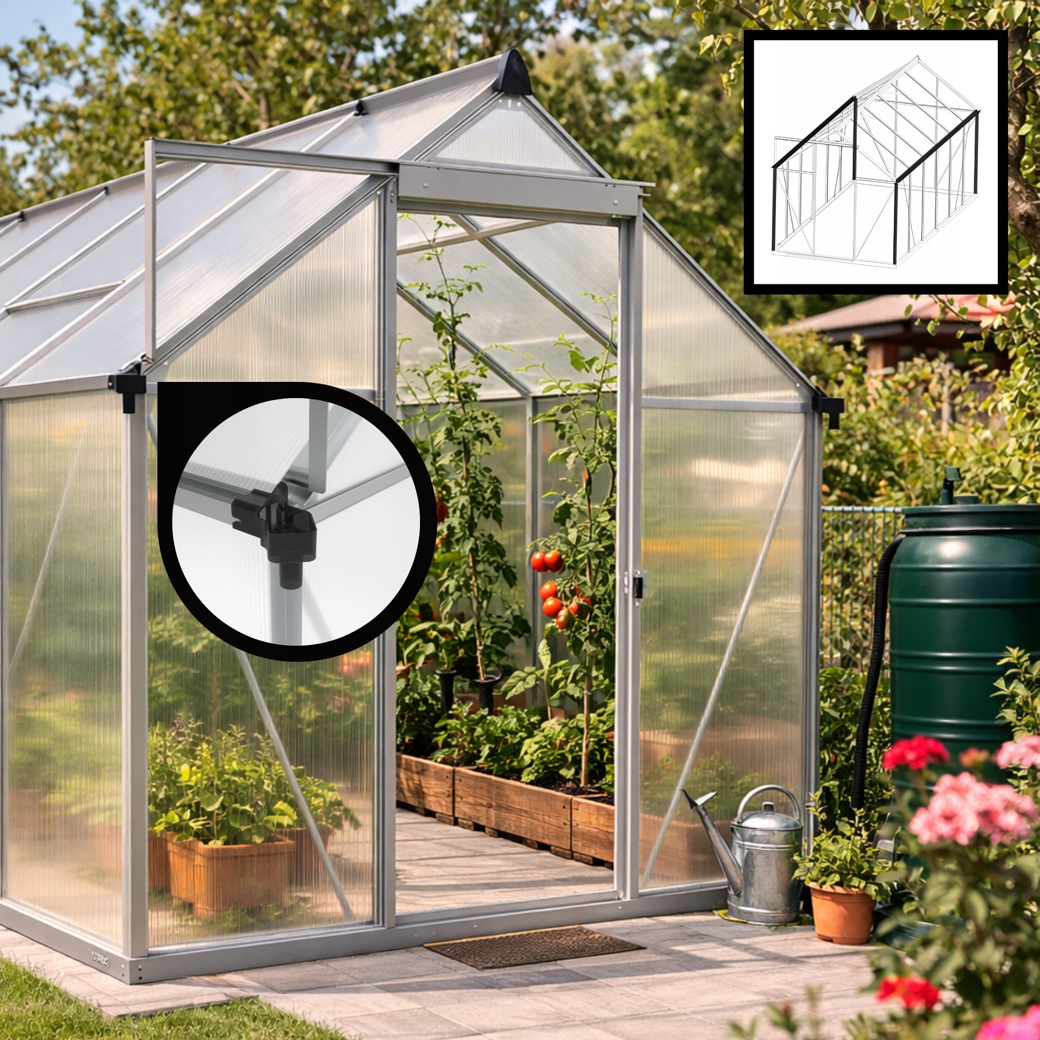 LARGE GARDEN GREENHOUSE 4X2 POLYCARBONATE COTTAGE TUNNEL 361X183CM 6,25M2 WINDOWS Product height 190 cm