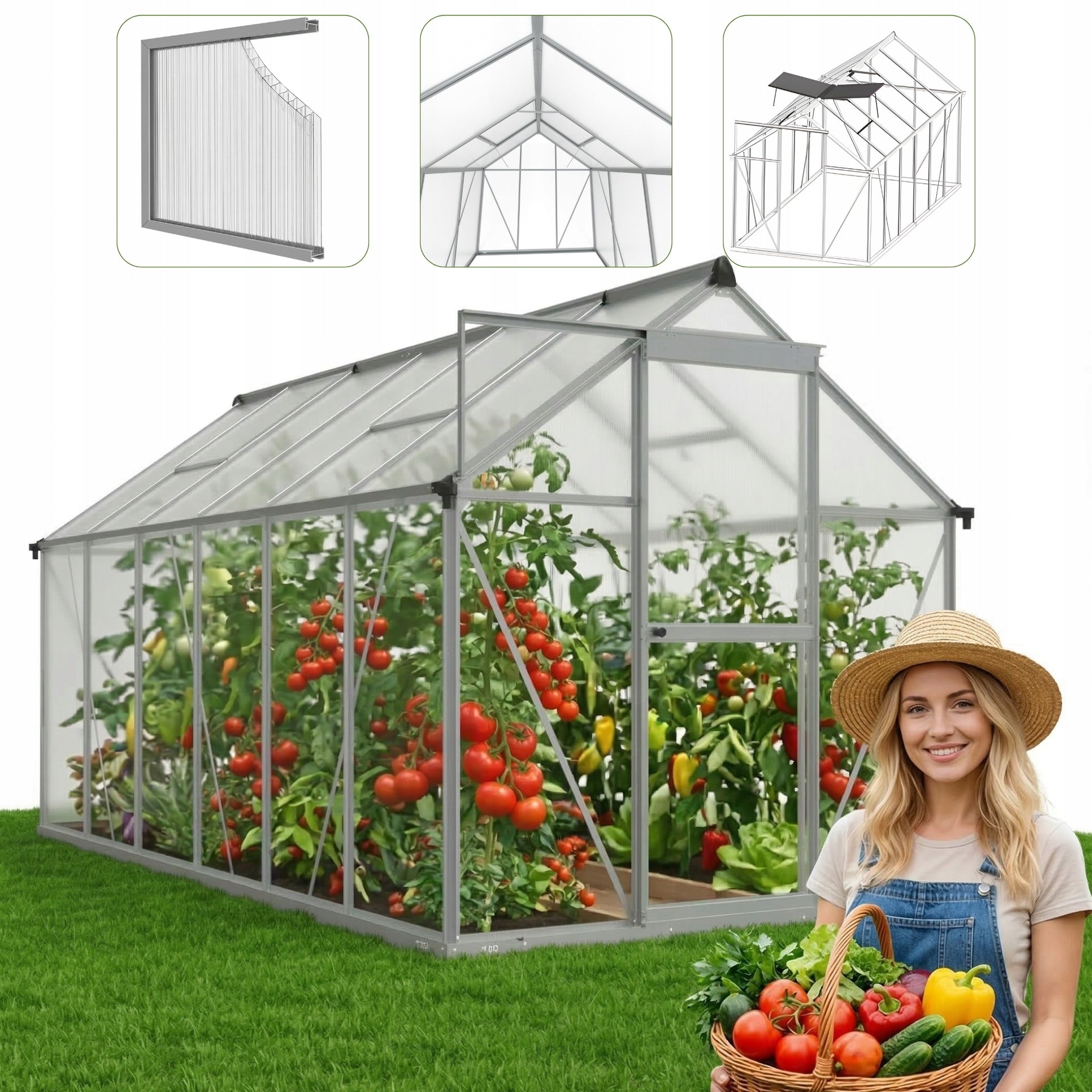 LARGE GARDEN GREENHOUSE 4X2 POLYCARBONATE COTTAGE TUNNEL 361X183CM 6,25M2 WINDOWS