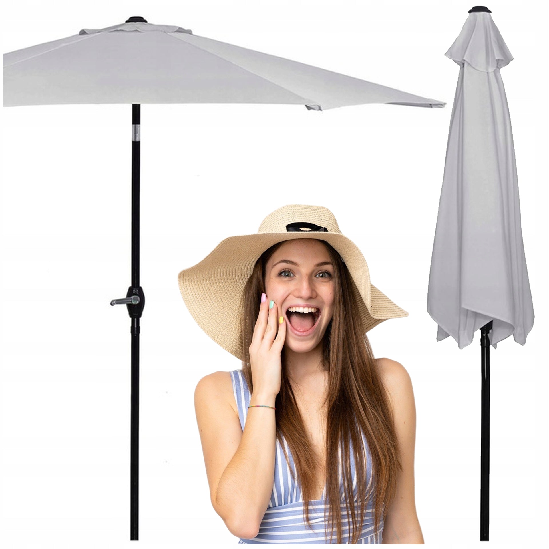 LARGE GARDEN UMBRELLA FOLDING GREY BROKEN STRONG 260cm WITH CRANK SOLID