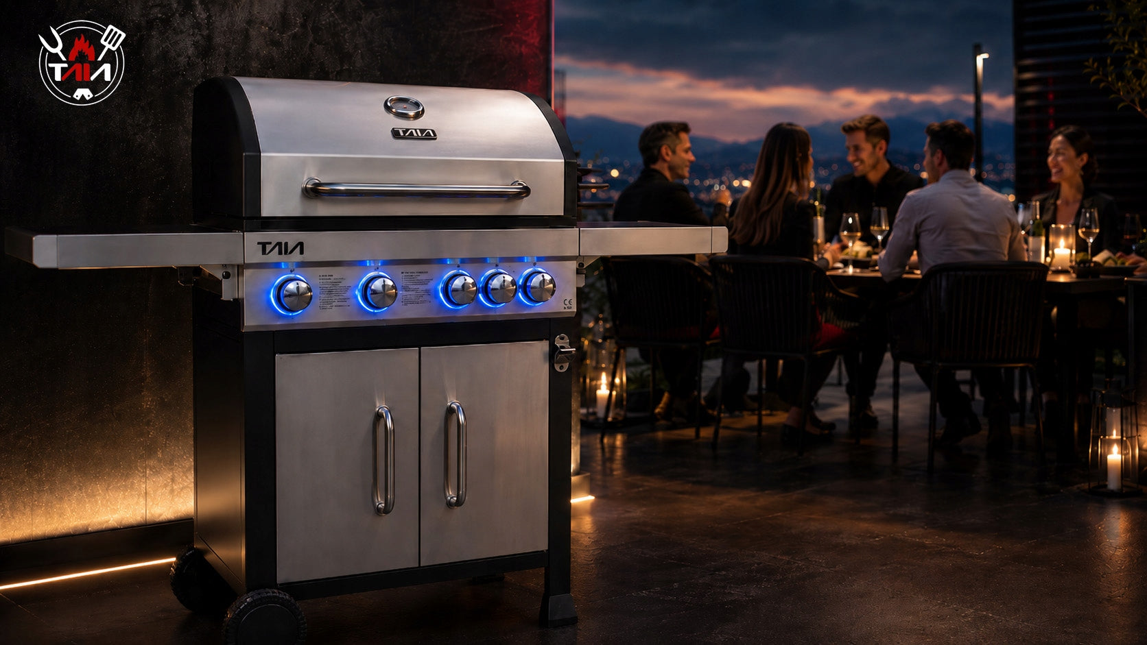 LARGE GAS GRILL TAIA Pro Stainless 5 Burners 17kW Cast Iron BBQ LED Grate Packaging status original