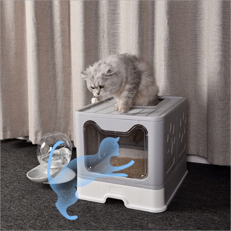 LARGE LITTER BOX CLOSED FOR CAT FOLDING PULL-OUT DRAWER SIEVE RIM GREY Kind closed litter box