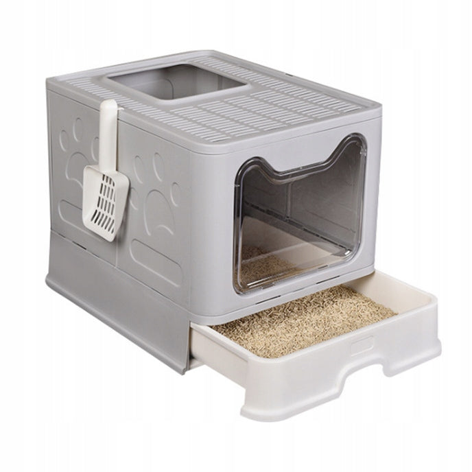 LARGE LITTER BOX CLOSED FOR CAT FOLDING PULL-OUT DRAWER SIEVE RIM GREY