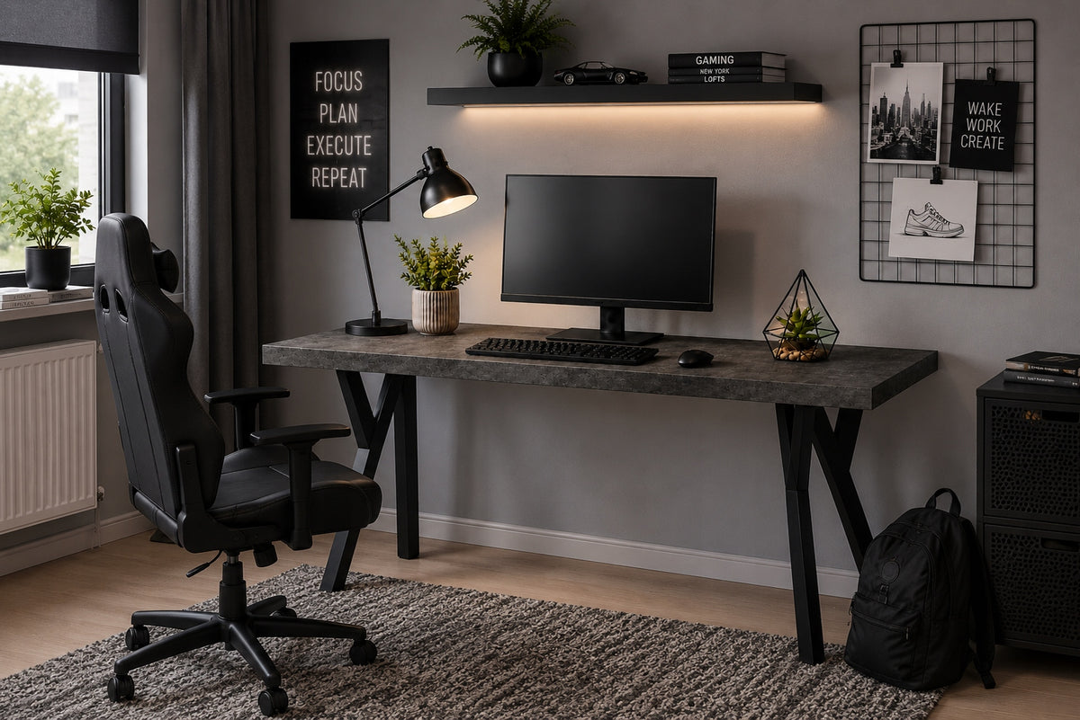 LARGE MODERN DESK TABLE LOFT METAL LEGS OAK BLACK 70x140 THICK TABLETOP Packaging status original
