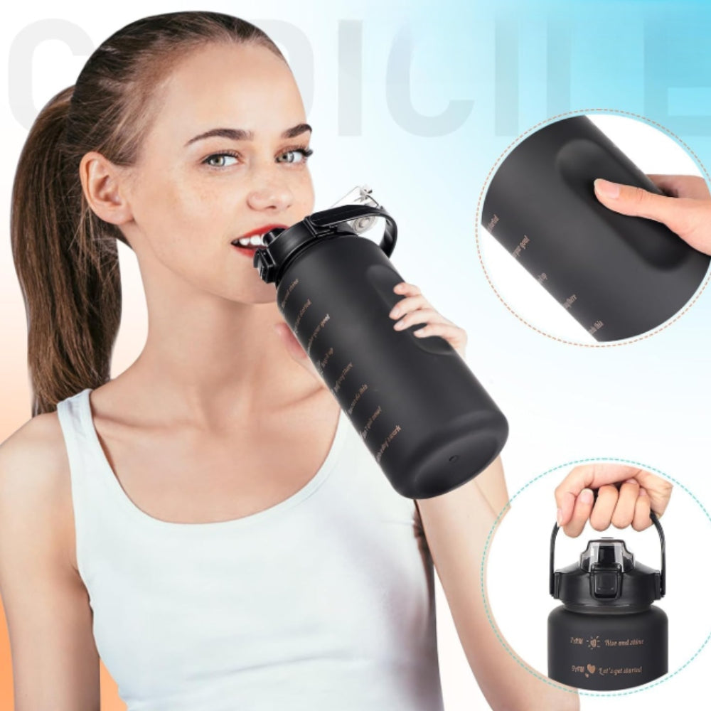LARGE MOTIVATIONAL WATER BOTTLE WITH HANDLE AND MEASURING CUP STRAW 2 LITERS Manufacturer code Butelka na wodę czarna motywacyjna 036101