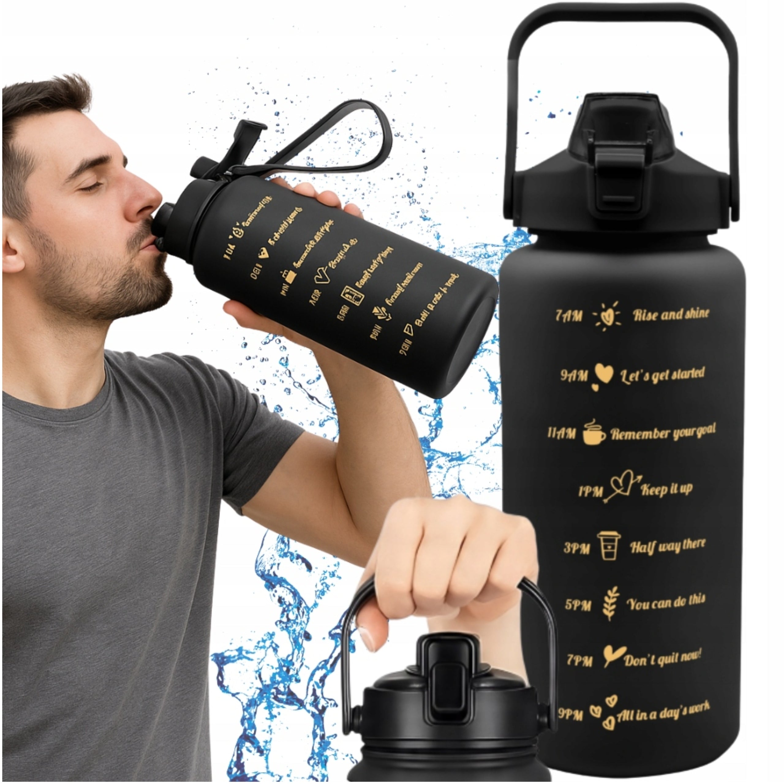 LARGE MOTIVATIONAL WATER BOTTLE WITH HANDLE AND MEASURING CUP STRAW 2 LITERS