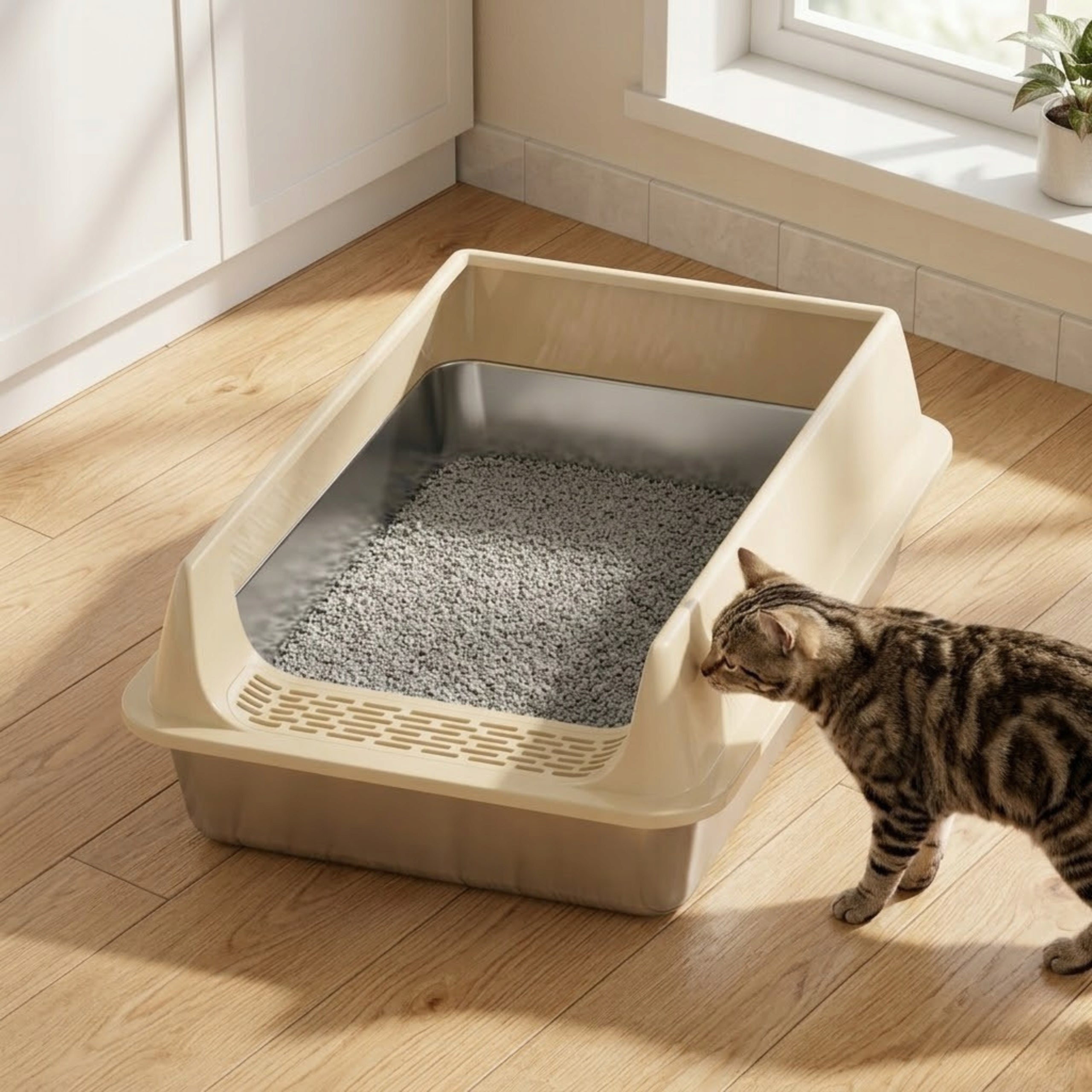 LARGE OPEN CAT LITTER BOX BEIGE r. L STAINLESS STEEL + SPATULA Manufacturer code DUŻA OTWARTA KUWETA SIEMIEC BEŻOWA r. L