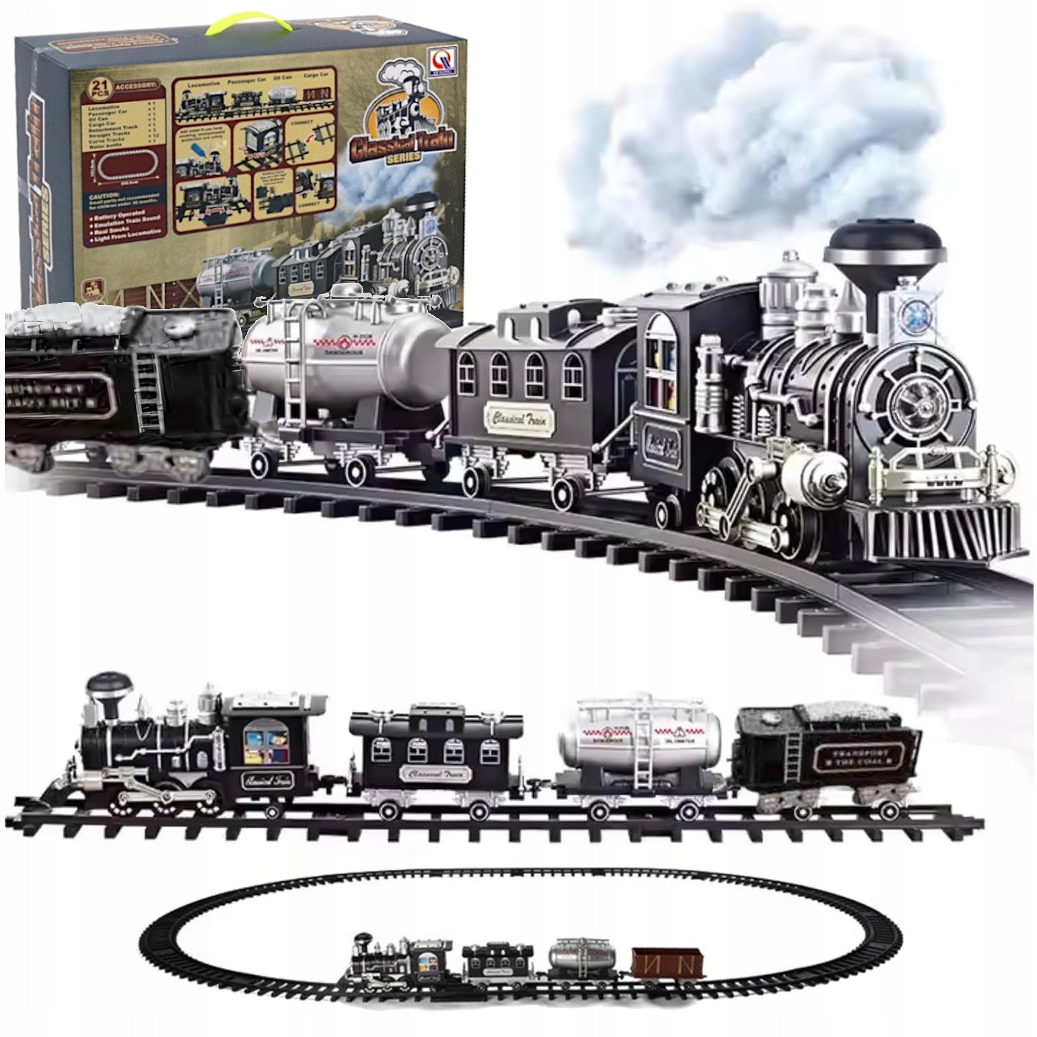 LARGE QUEUE ELECTRIC TRAIN CLOTHES LOCOMOTIVE TRACKS SMOKE TOY