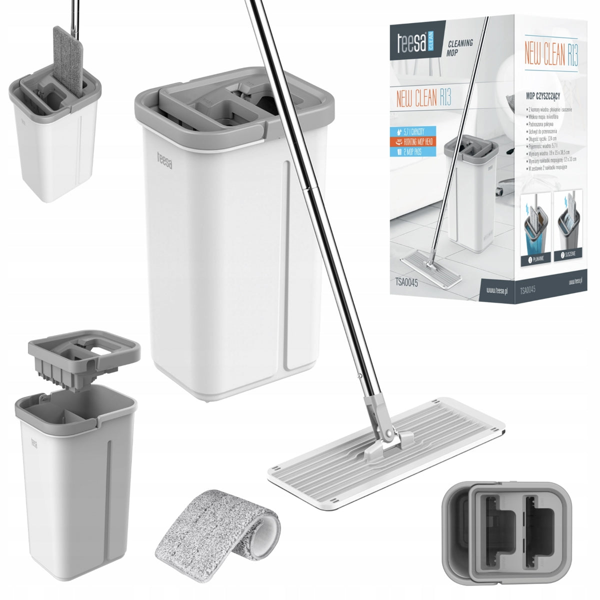 LARGE RECTANGULAR FLAT MOP WITH TWO-CHAMBER BUCKET WITH SQUEEZER + 2 CARTRIDGES Packaging status original