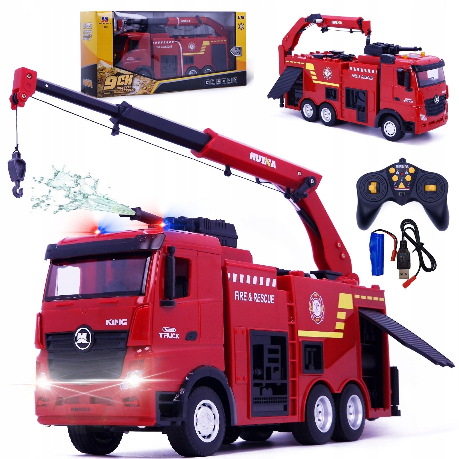 LARGE REMOTE CONTROLLED FIRE TRUCK ON PILOT FIRE BRIGADE SHOOTS WATER