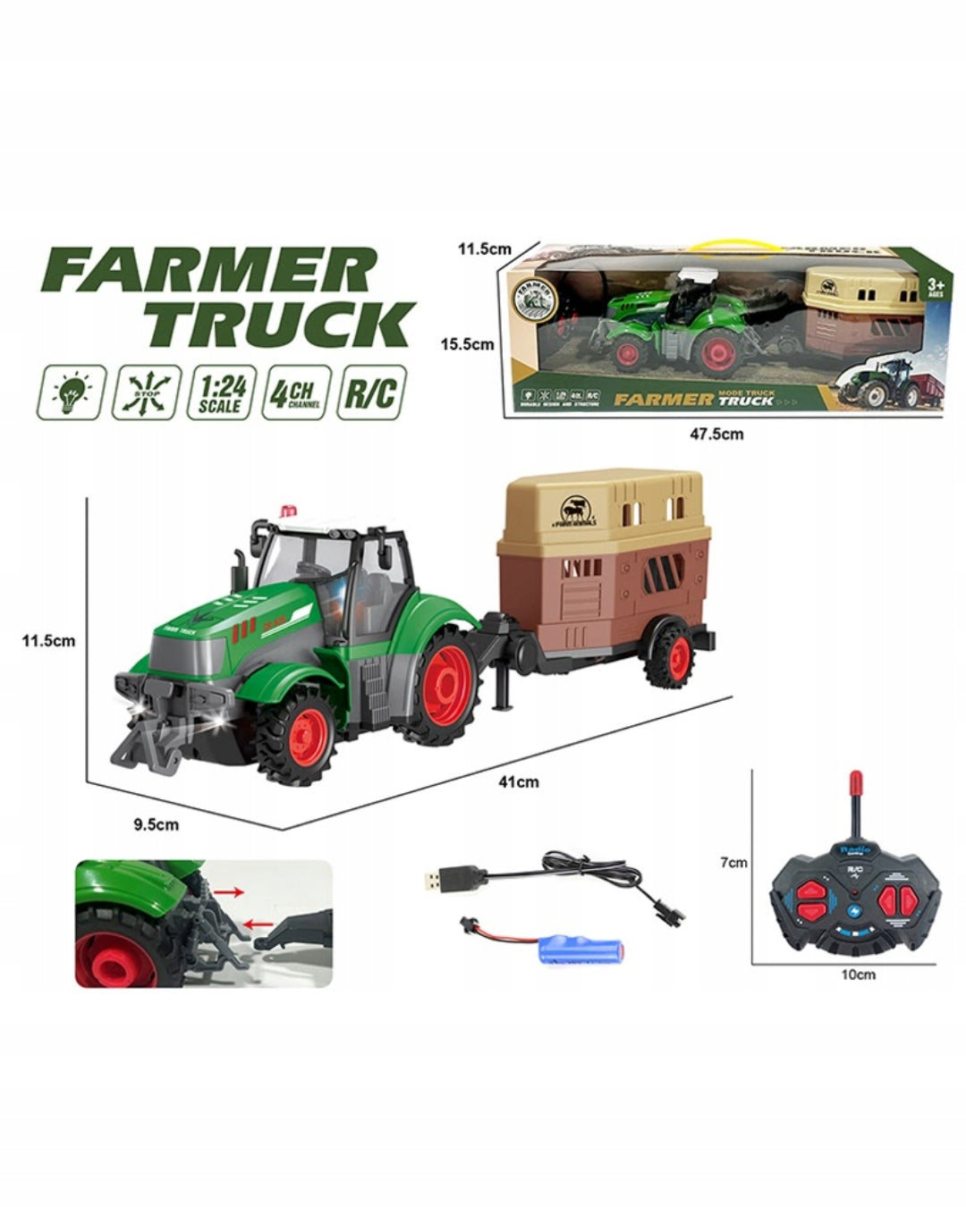 LARGE REMOTE CONTROLLED TRACTOR WITH HORSE TRAILER RC FOR REMOTE CONTROL FOR CHILDREN Brand QBI