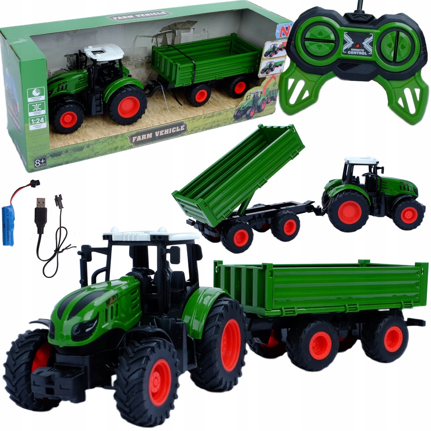 LARGE REMOTE CONTROLLED TRACTOR WITH TRAILER TRACTOR 42CM RC + USB