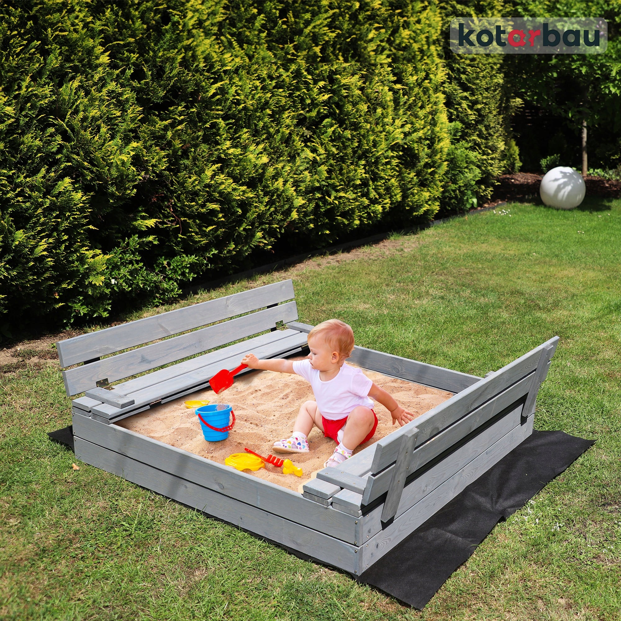 LARGE SANDBOX CLOSED 120 CM FOR CHILDREN WITH BENCHES GREY IMPREGNATED Kid's age 12+ months