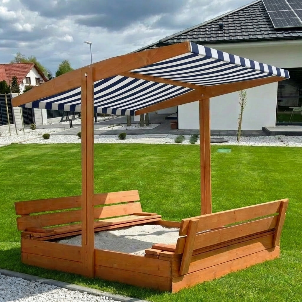LARGE SANDBOX WITH VISOR IMPREGNATED WOODEN 120 cm CLOSED VIDEO 3D Packaging status original