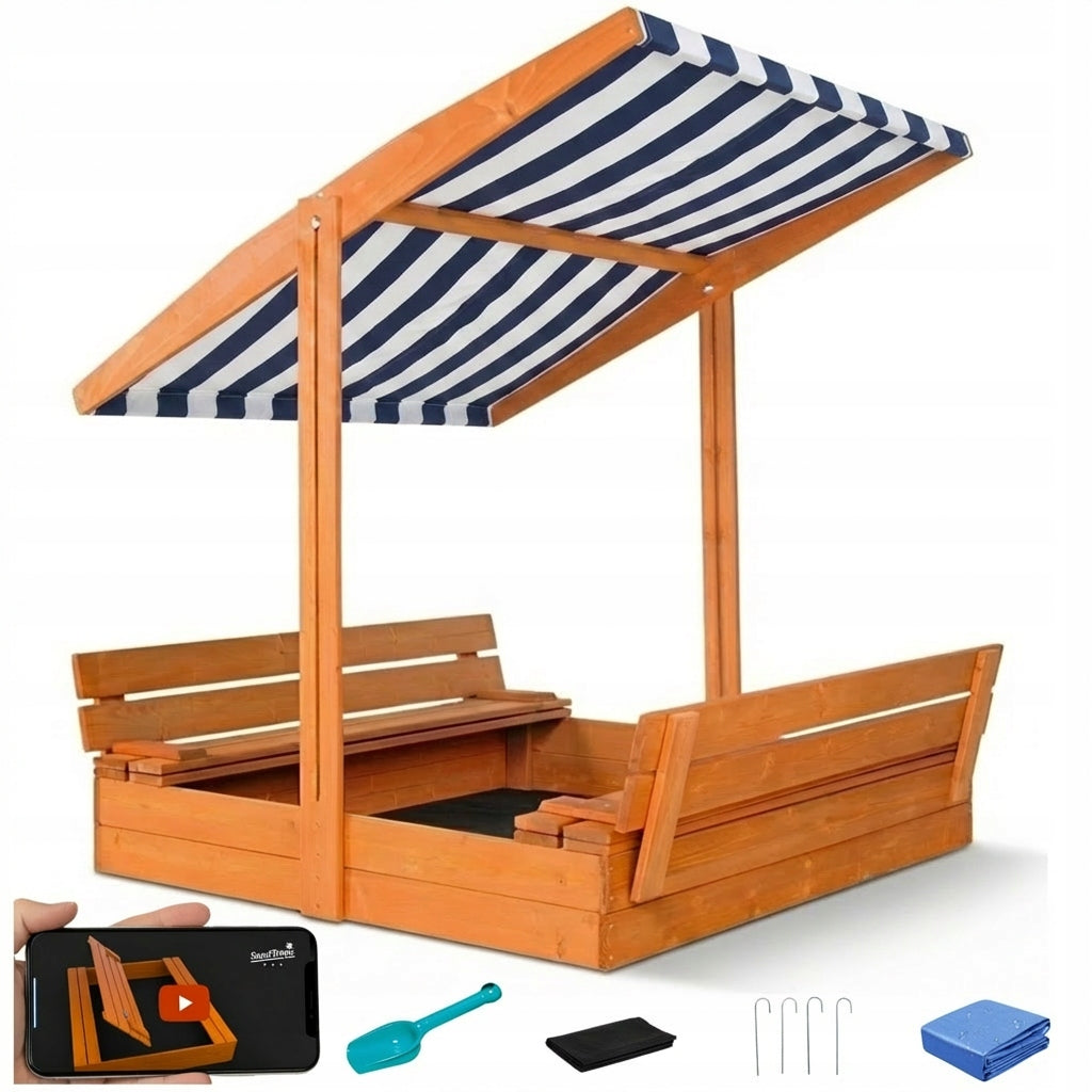 LARGE SANDBOX WITH VISOR IMPREGNATED WOODEN 120 cm CLOSED VIDEO 3D