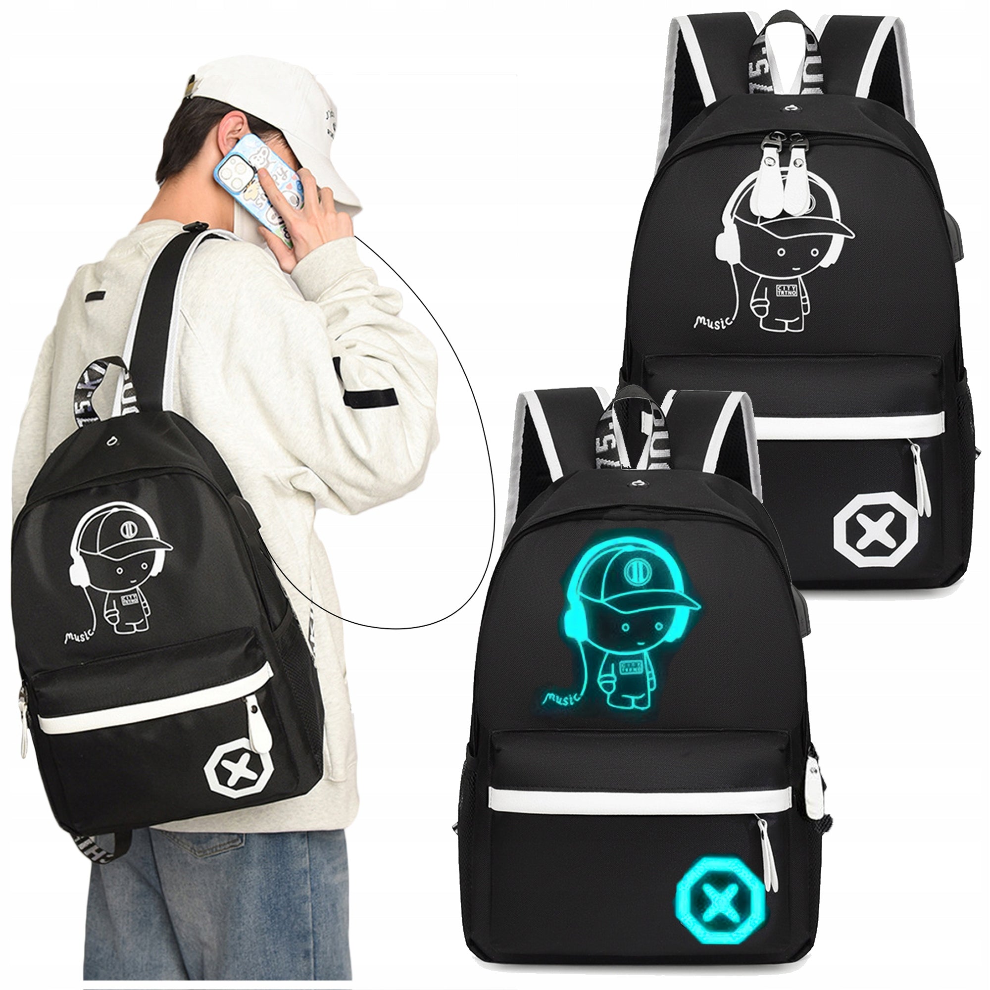 LARGE SCHOOL BACKPACK YOUTH SATCHEL GLOWING REFLECTIVE USB BLACK Brand no brand