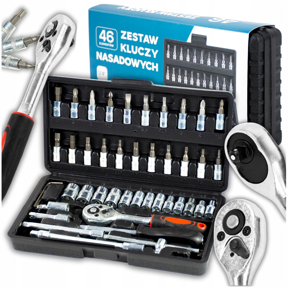 LARGE SET OF TOOLS IN SUITCASE 46 ELEMENTS SOCKET WRENCHES TORX RATCHET