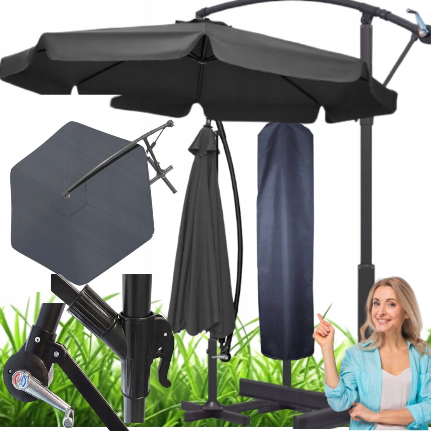 LARGE SOLID FOLDING GARDEN UMBRELLA WITH BOOM COVER – GREY