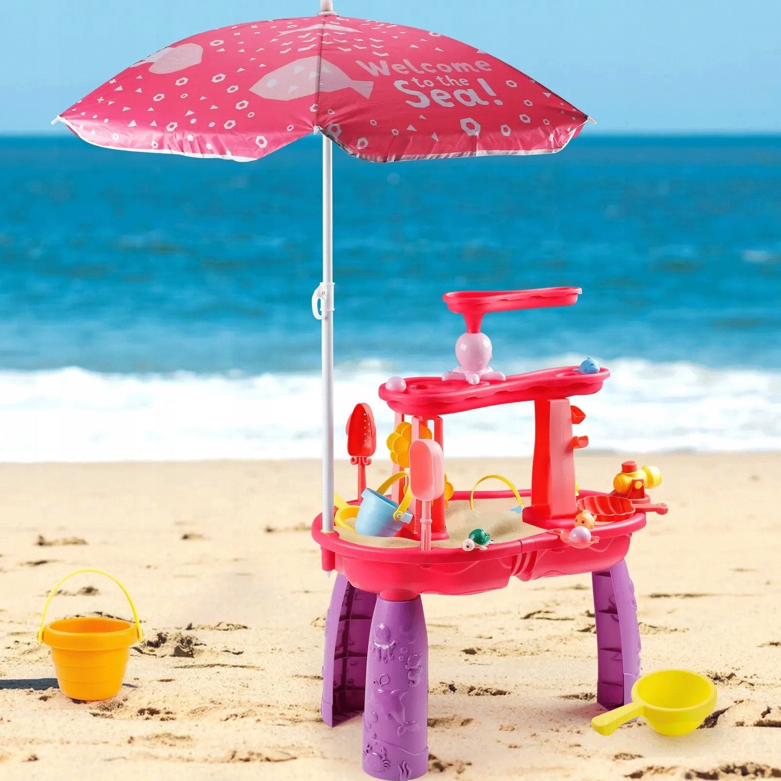 LARGE TABLE WATER TABLE SANDBOX FOR CHILDREN ELECTRIC WATERFALL +UMBRELLA Color pink