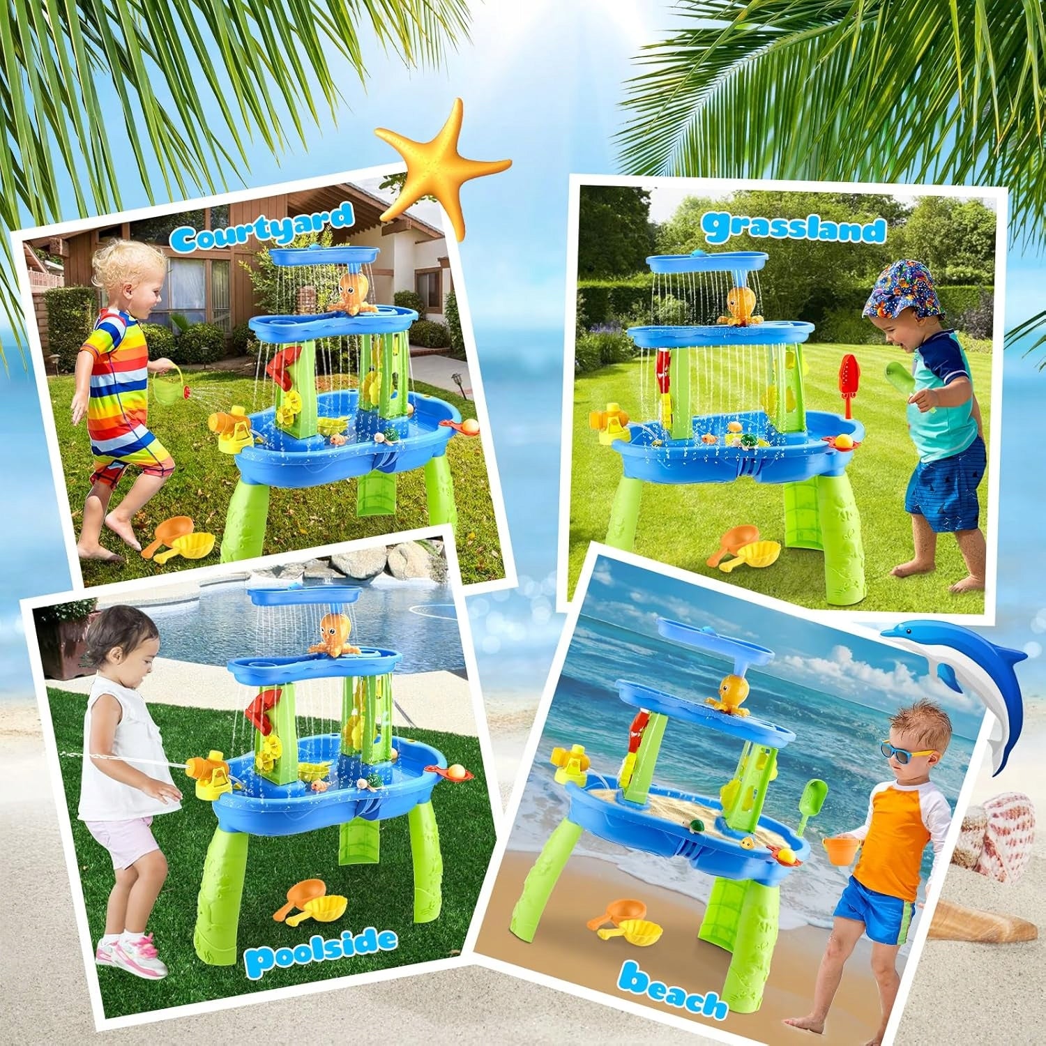 LARGE TABLE WATER TABLE SANDBOX FOR CHILDREN ELECTRIC WATERFALL +UMBRELLA Set elements parasol armatka wodna foremki łopatka wiaderko wodospad elektryczny koła wodne gumowe zwierzątka