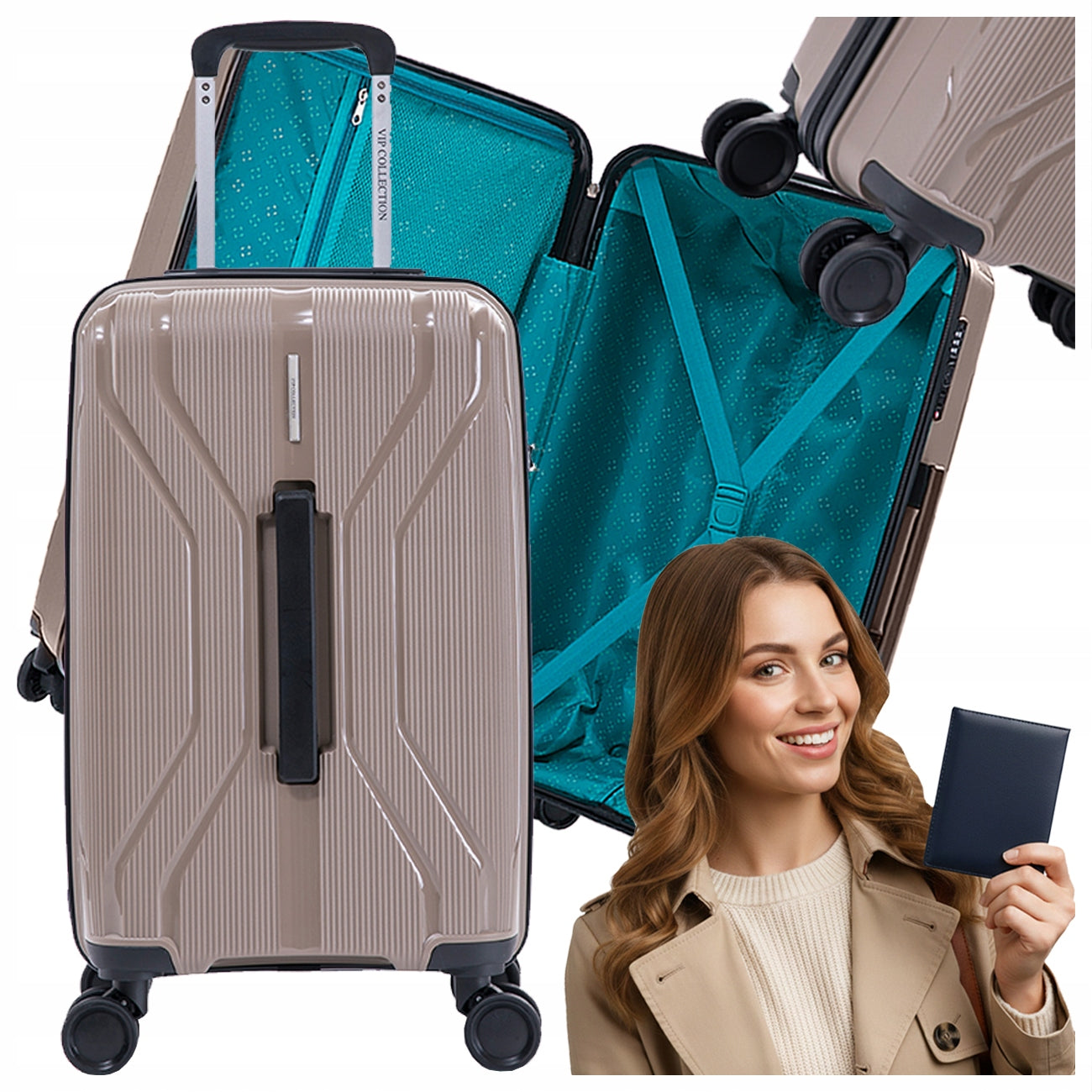 LARGE TRAVEL SUITCASE WITH WHEELS HARD XXL 29" LIGHT COFFEE POLYPROPYLENE