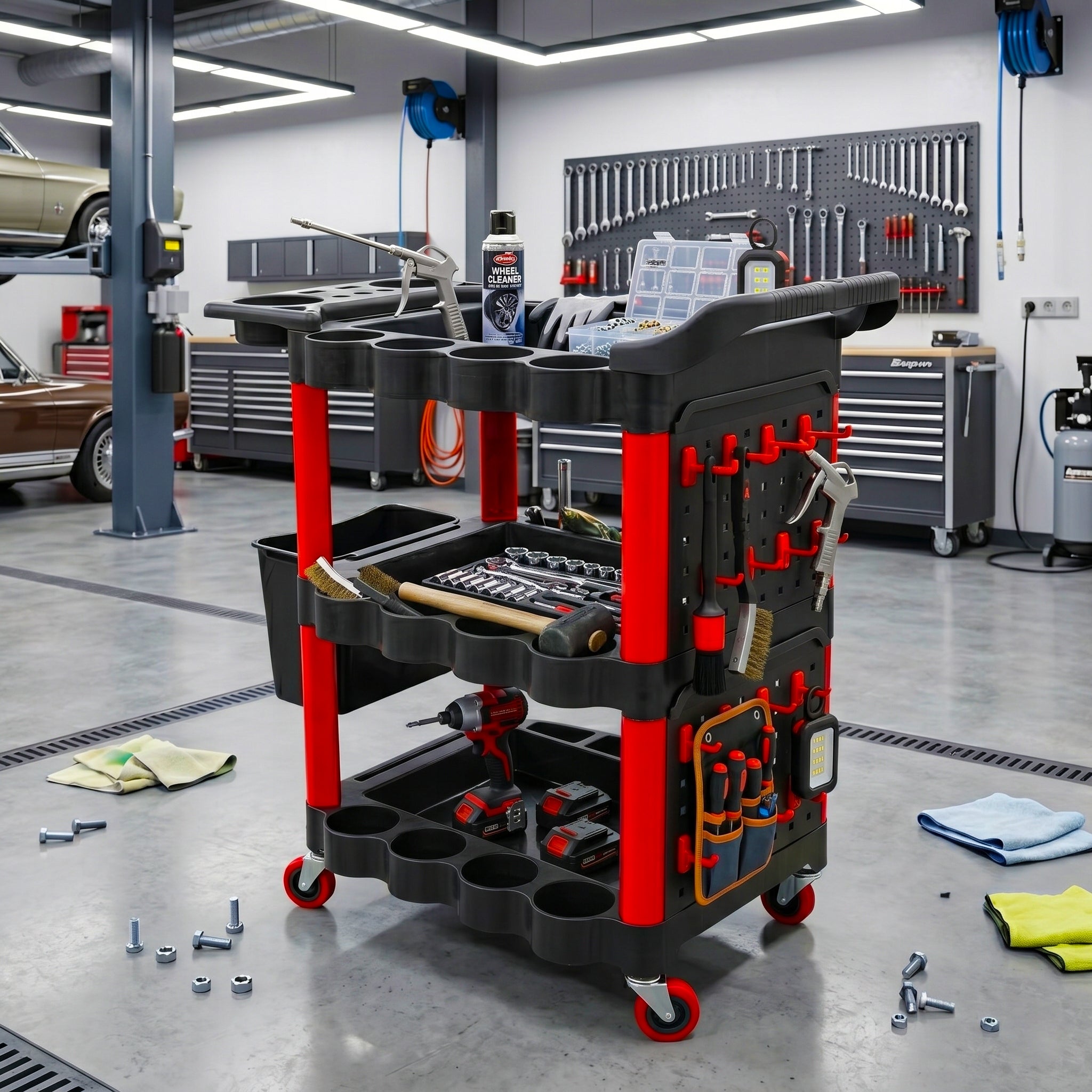 LARGE WORKSHOP TOOL TROLLEY SERVICE CABINET 3 SHELVES WHEEL HOOKS 180KG Accessories included no