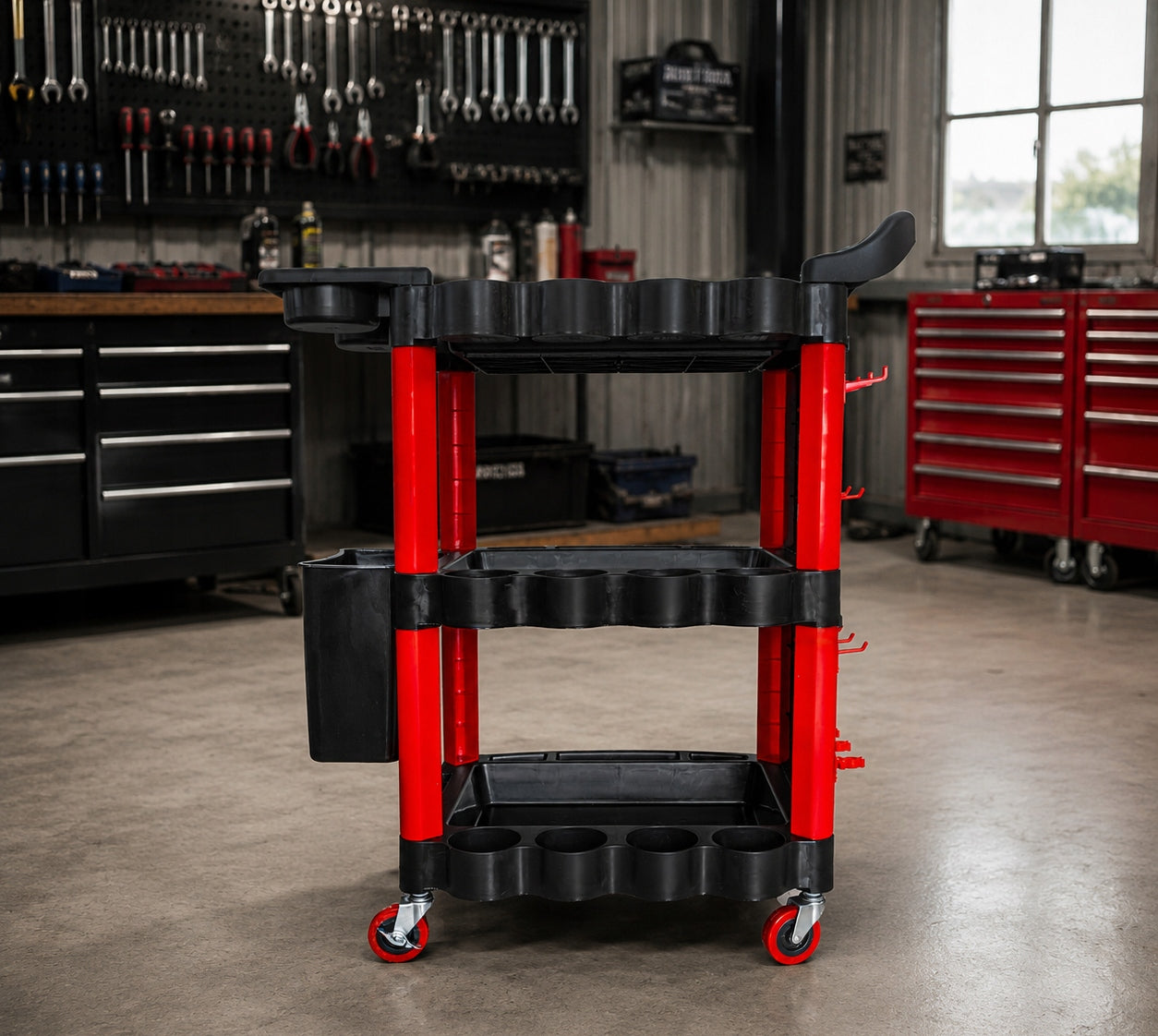 LARGE WORKSHOP TOOL TROLLEY SERVICE CABINET 3 SHELVES WHEEL HOOKS 180KG Product height 100 cm