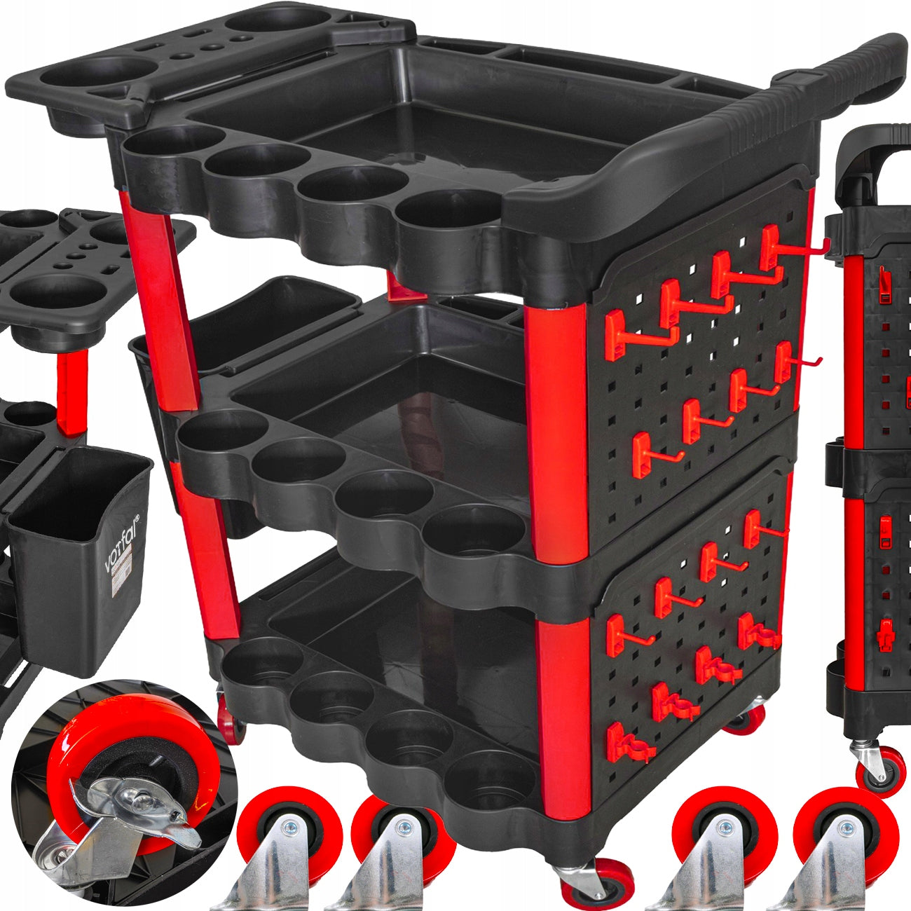 LARGE WORKSHOP TOOL TROLLEY SERVICE CABINET 3 SHELVES WHEEL HOOKS 180KG