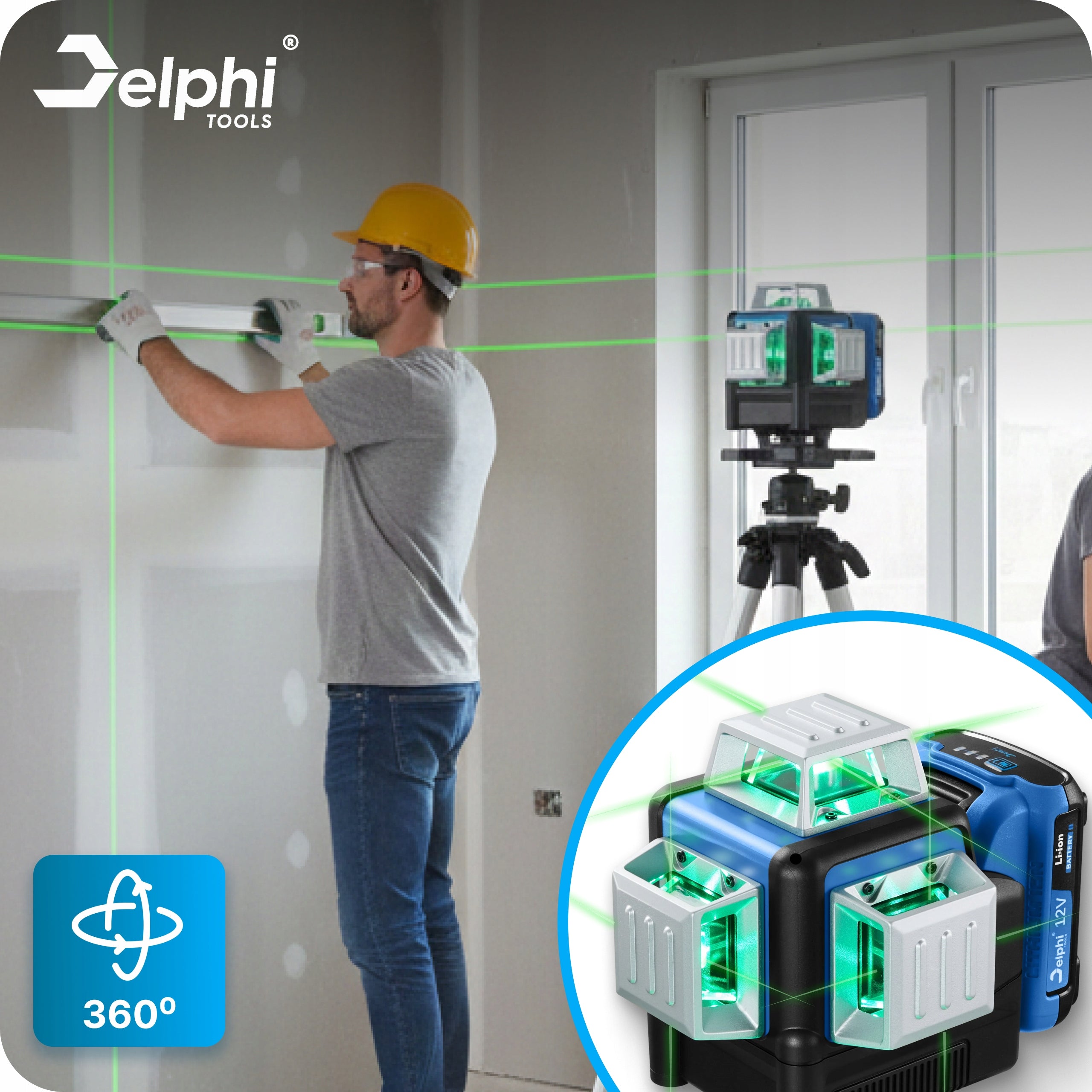 LASER LEVEL PRO CROSS LASER 360 4D GREEN 2x AKU TRIPOD 16 LINES Brand Delphi tools