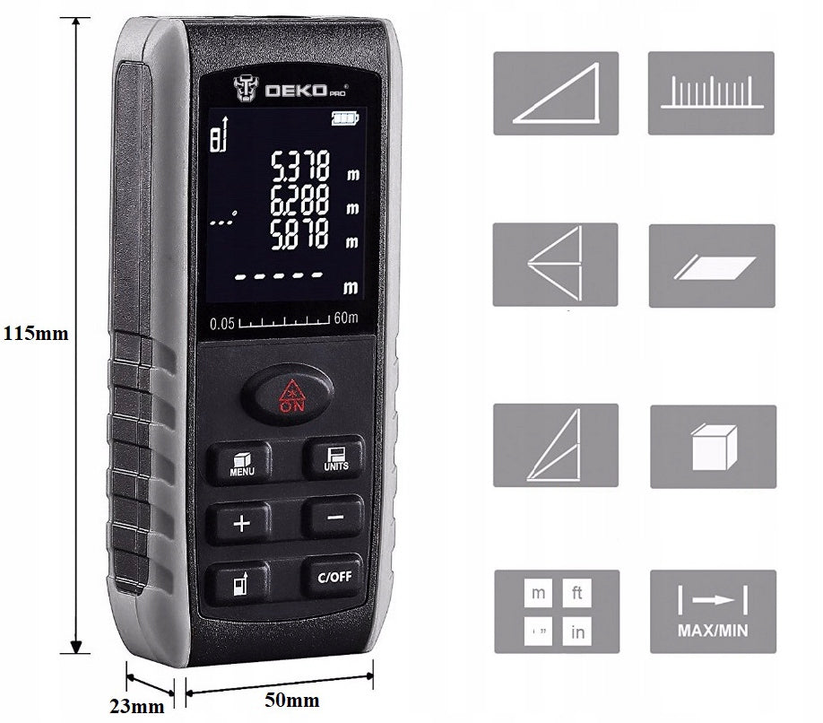 LASER RANGEFINDER >>50M<< DIGITAL PROTRACTOR LASER LEVEL METER DEKO Maximum range 31-60 m