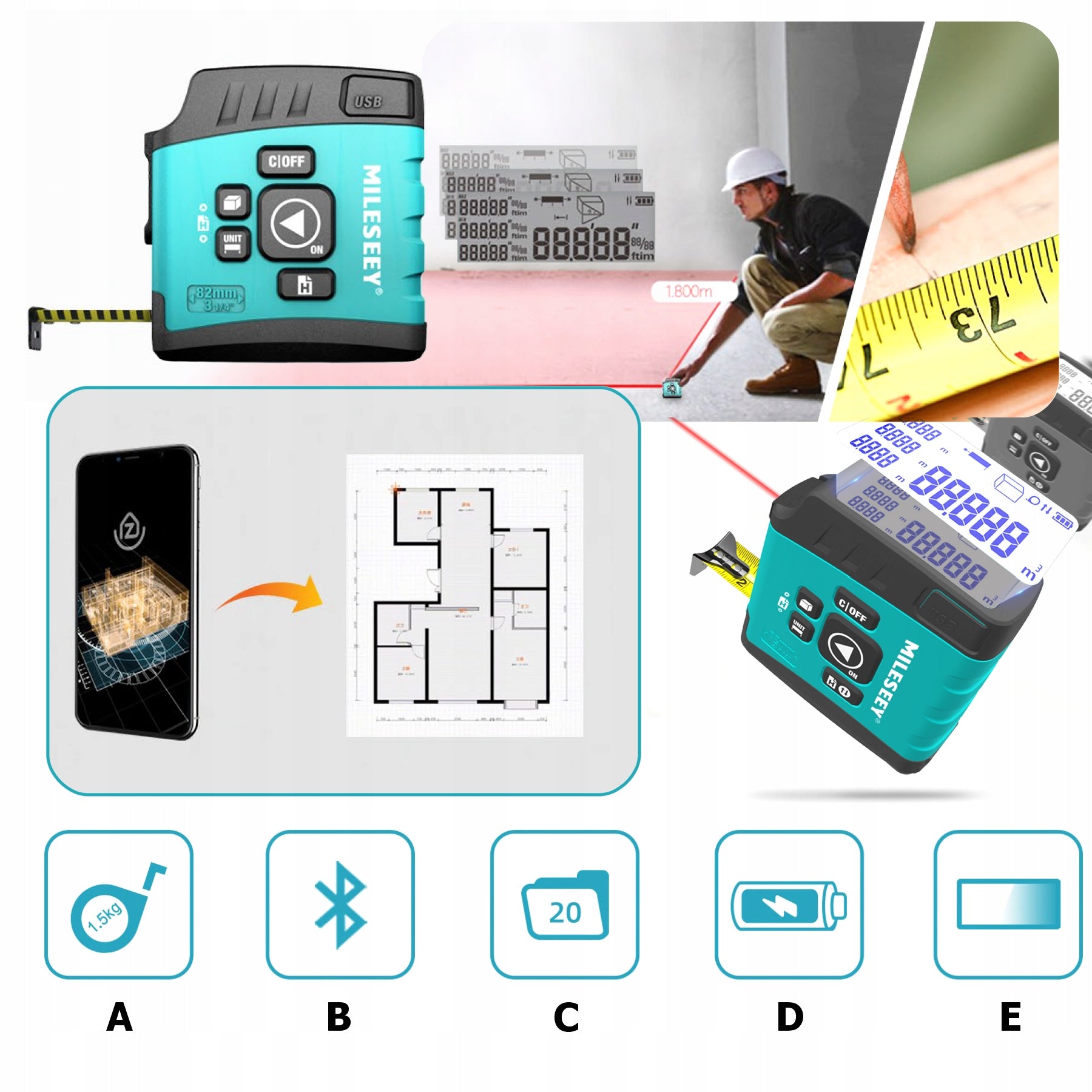 LASER RANGEFINDER APPLICATION TEL 40m BT LCD MEASURE 5m MEASURING FUNCTIONS USBC Packaging status original