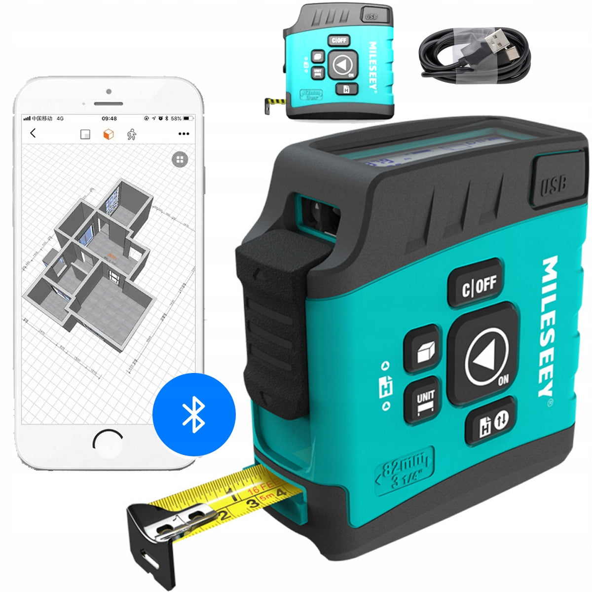 LASER RANGEFINDER APPLICATION TEL 40m BT LCD MEASURE 5m MEASURING FUNCTIONS USBC