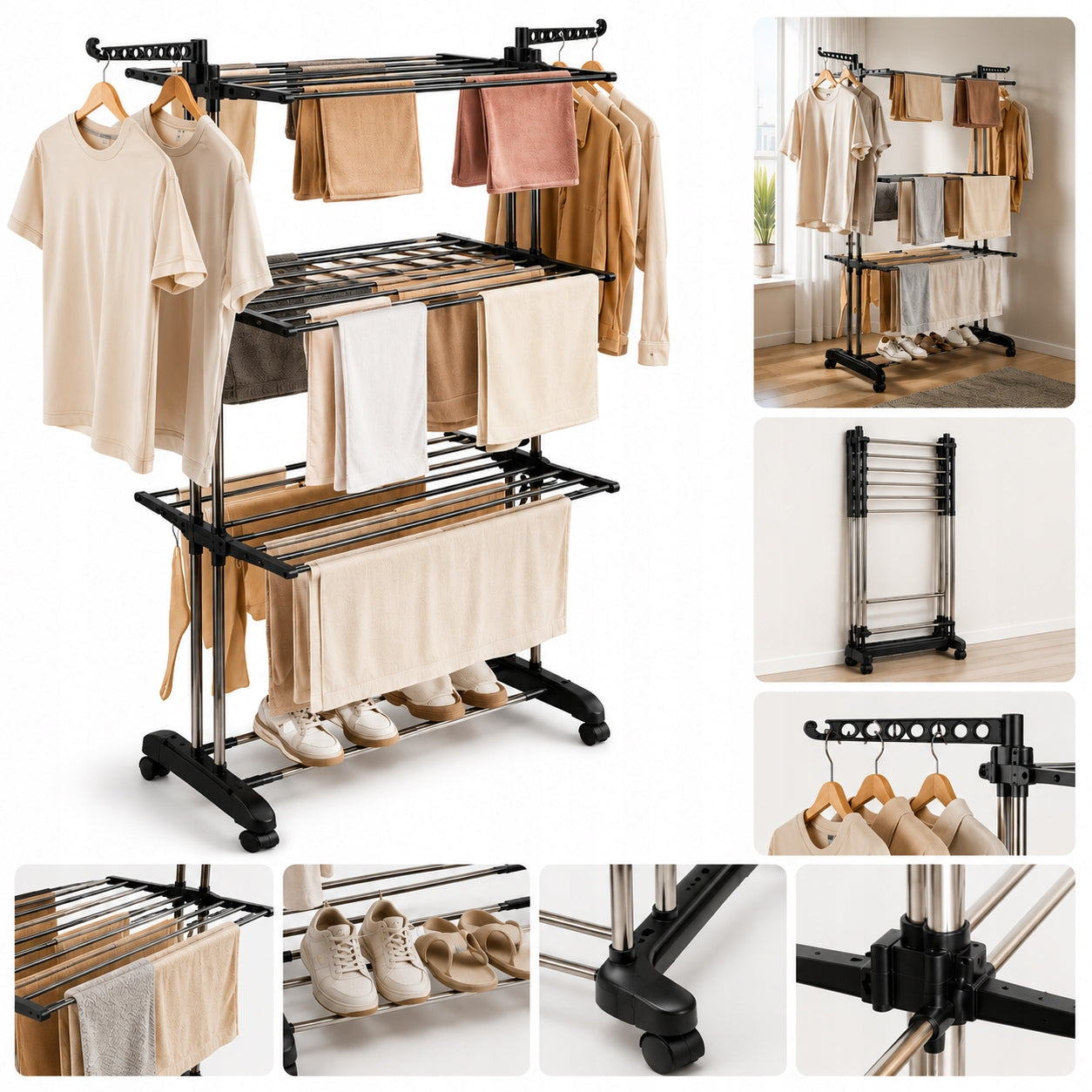 LAUNDRY DRYER STANDING VERTICAL FOLDING FOR CLOTHES BLACK XXL PREMIUM